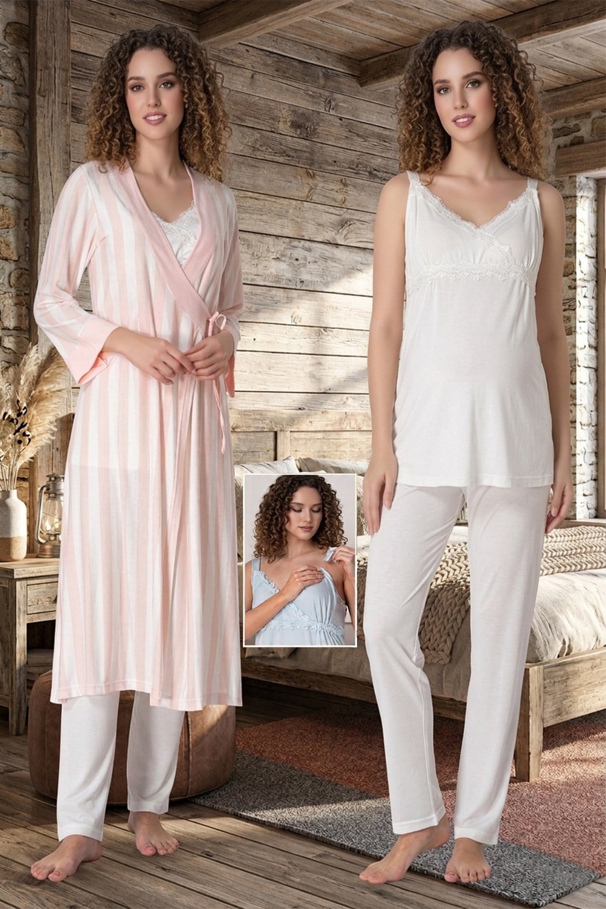 Somon-Ekru Emzirme Özellikli Askılı Çizgi Sabahlıklı Lohusa Pijama Takımı 19034