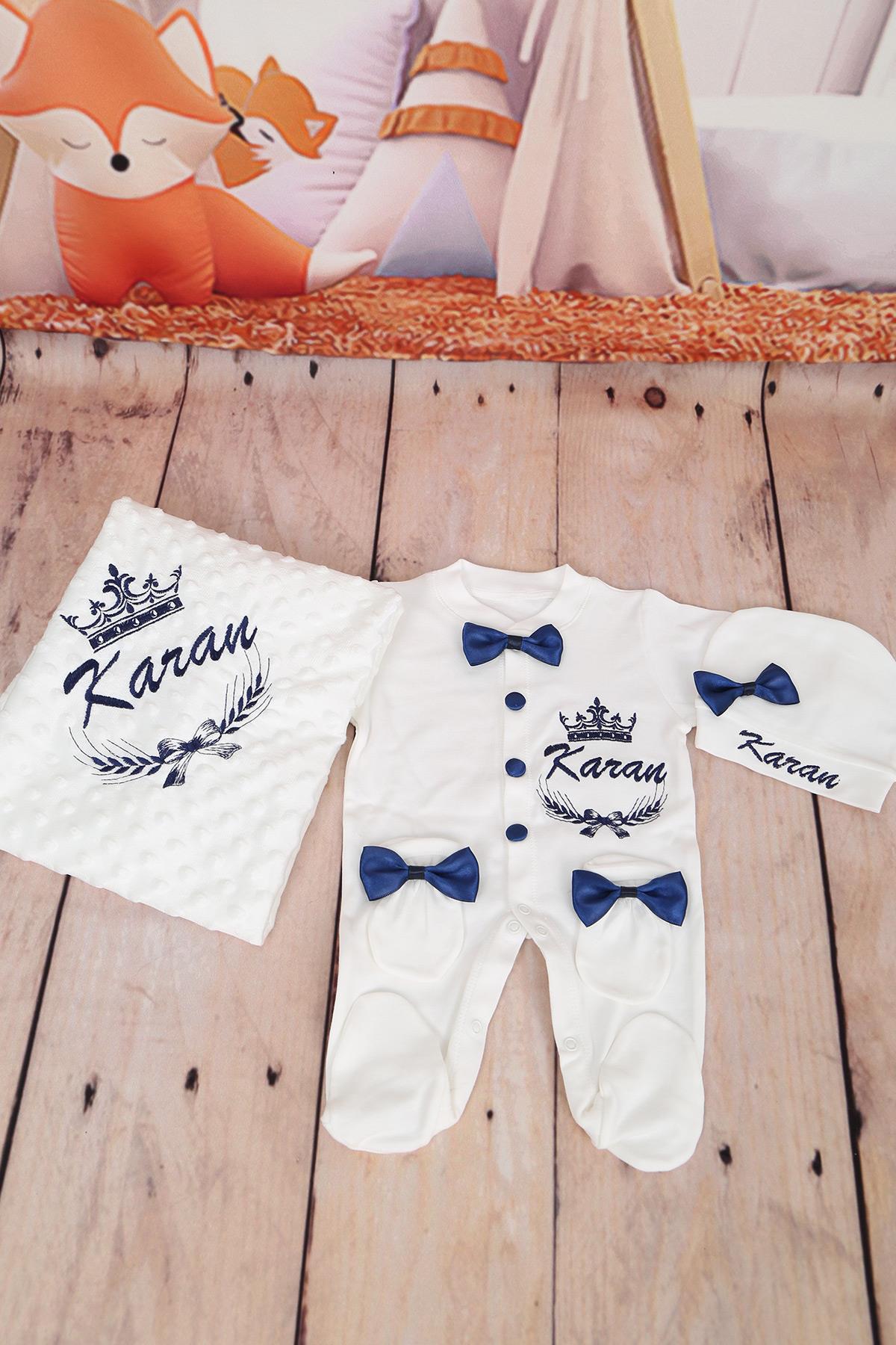 İsme Özel Lacivert Tac Nakışlı Hastane Çıkışı 4lü Set