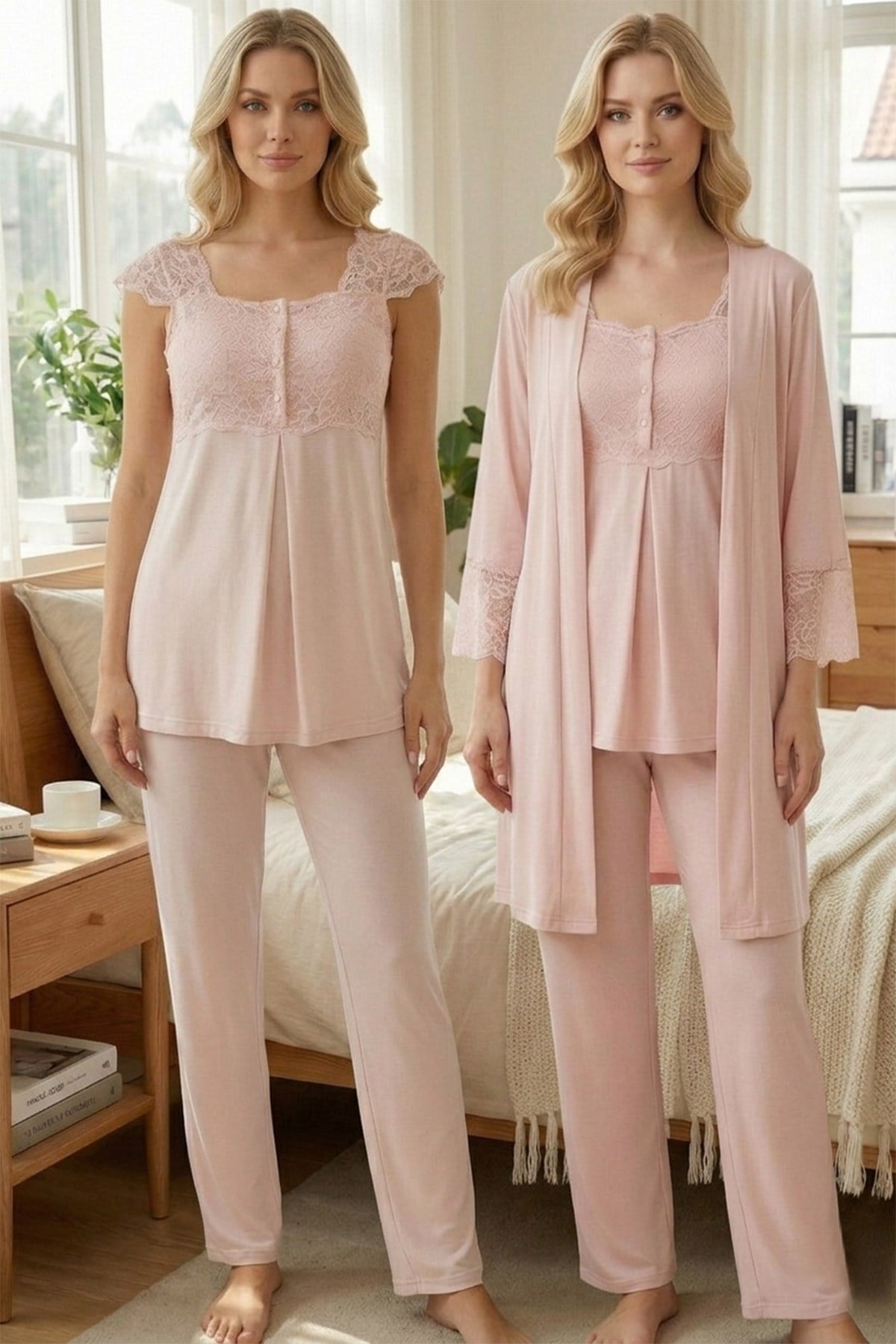 Rimel Life 2016 Sabahlıklı Dantel Kol Lohusa Pijama Takımı