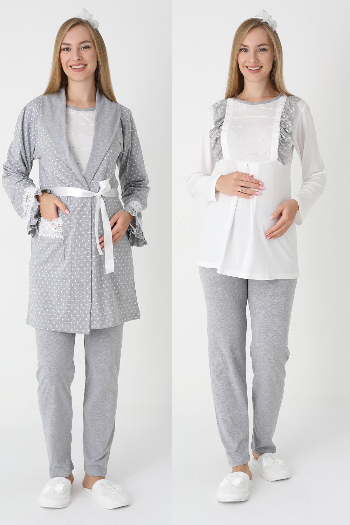 Erdeniz 3451 Gri Puanlı Düğmeli Emzirme Özellikli Sabahlıklı Lohusa Pijama Takımı