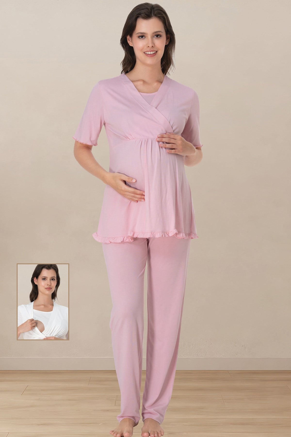 Effortt 3032 Pembe Kruvaze Emzirme Özellikli Hamile Pijama Takımı