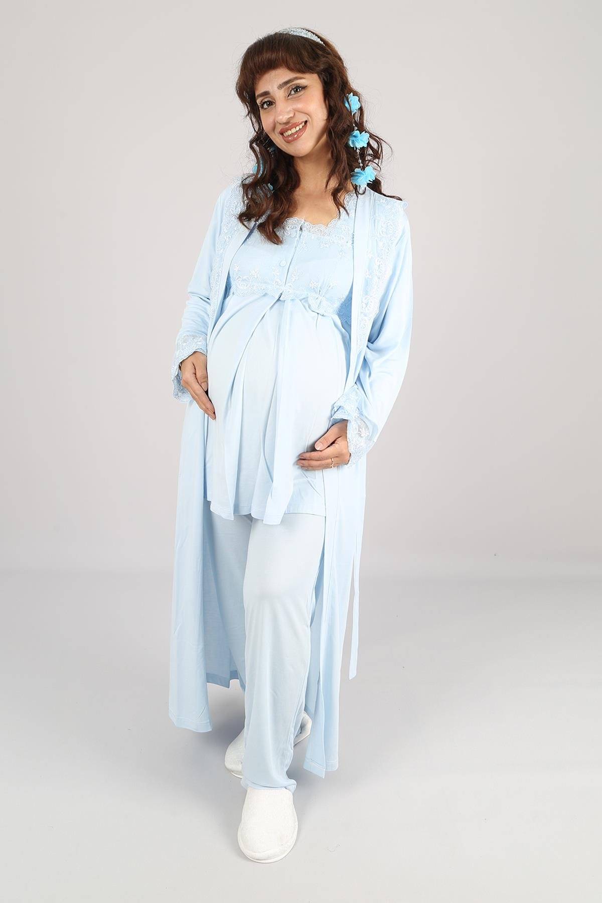 Mavi Dantel Sabahlıklı Uzun Kol Hamile Lohusa Pijama Takımı 2601