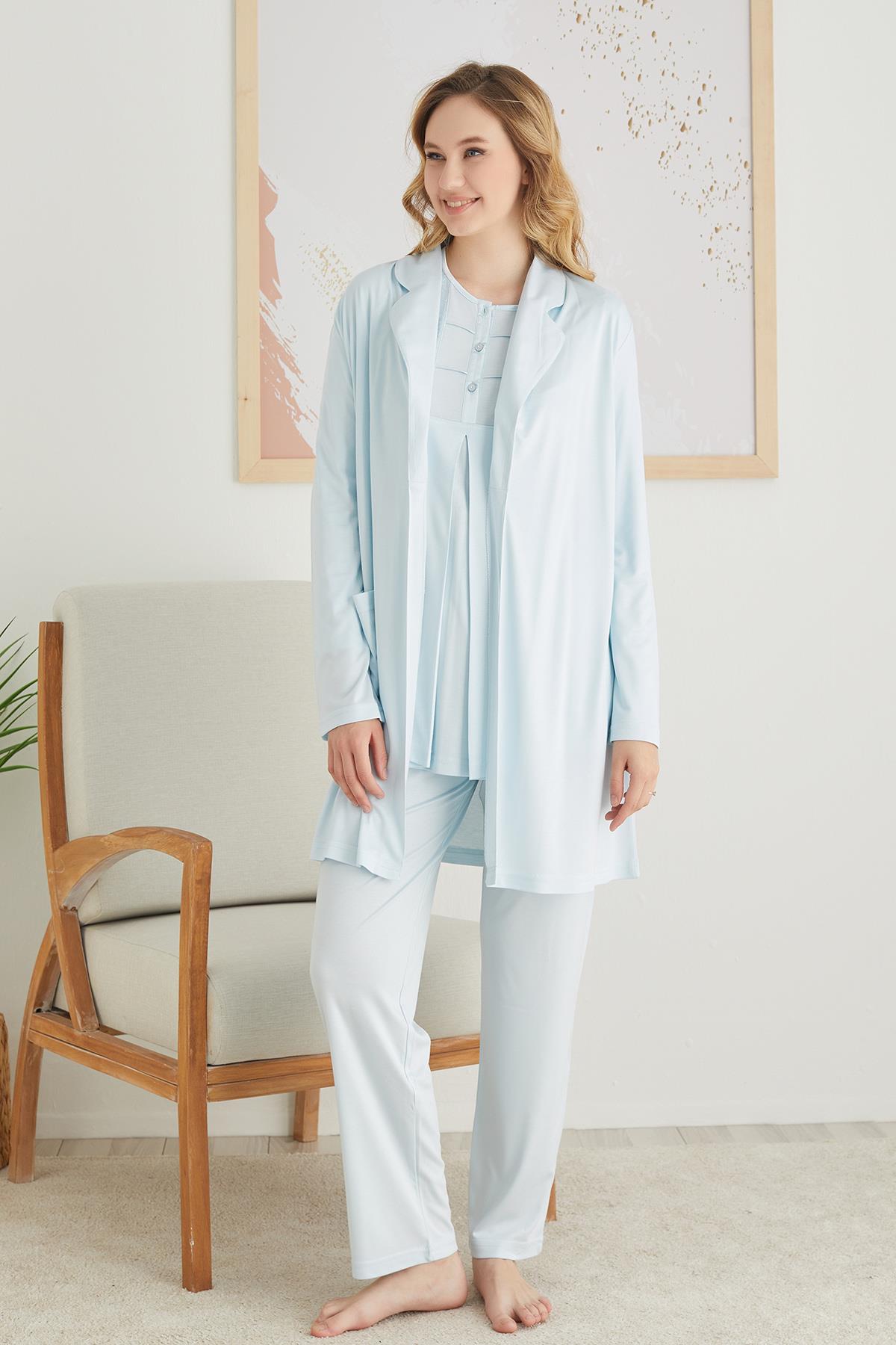 2826 Mint Güpür Dantel Yaka Sabahlıklı Lohusa Pijama Takımı