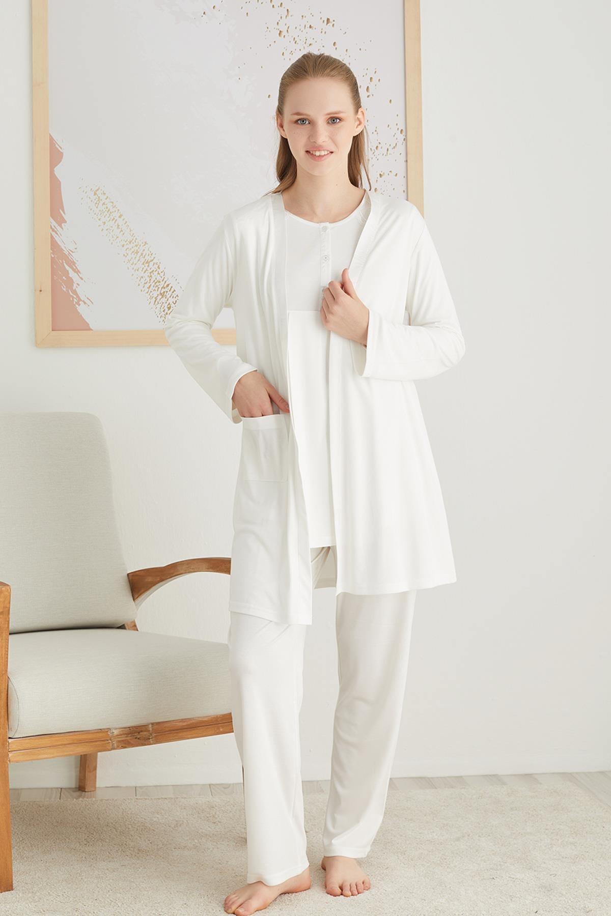 2827 Ekru Dantel Sabahlıklı Lohusa Pijama Takımı