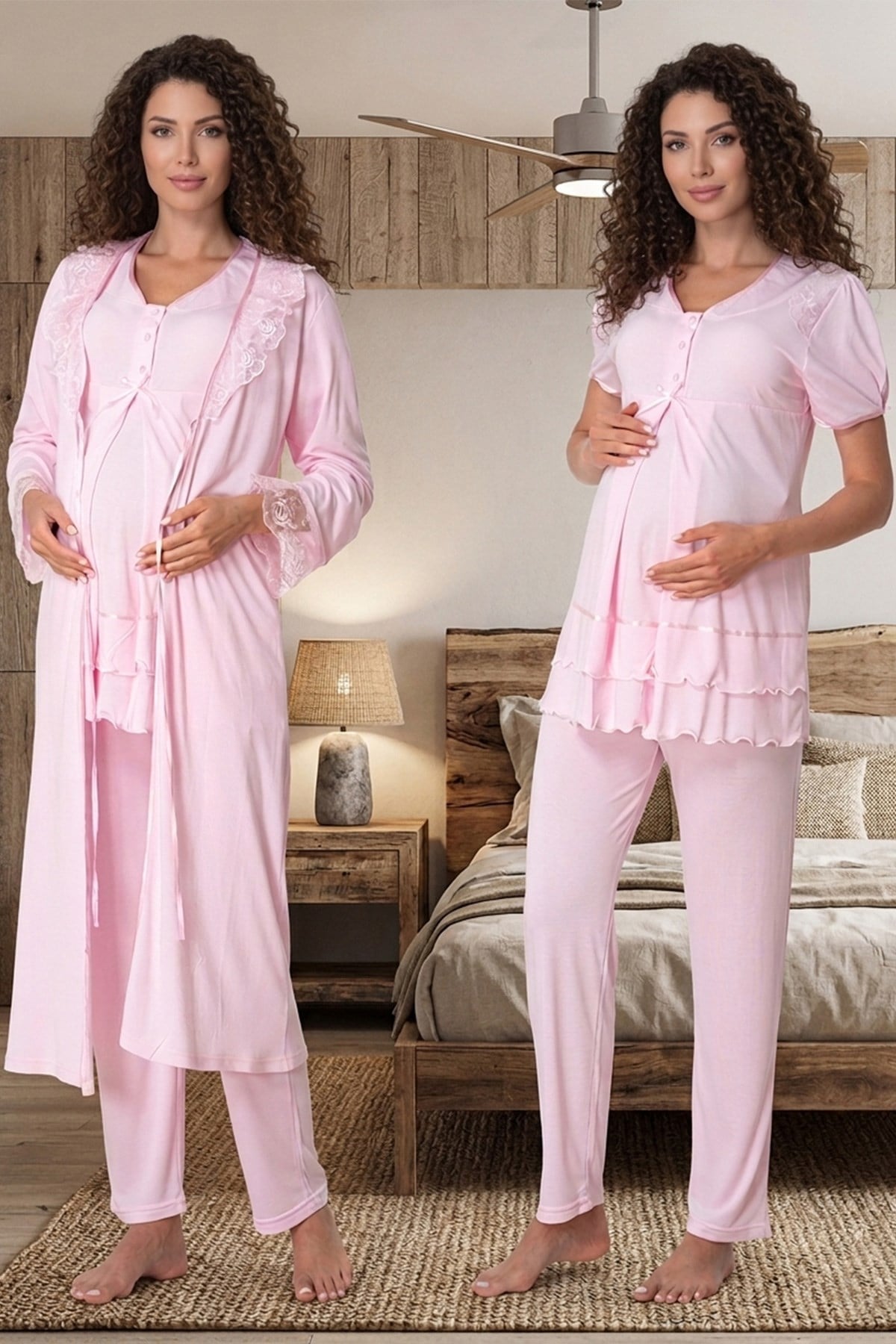 Pembe Dantel Sabahlıklı Lohusa Pijama Takımı 18024