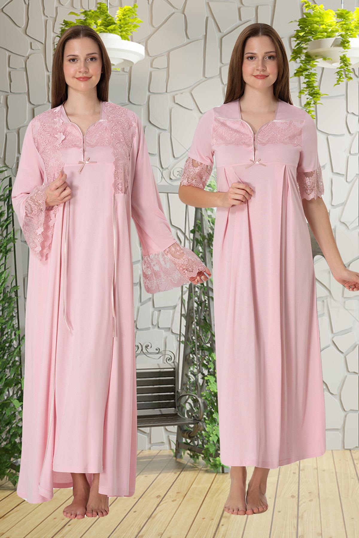 Effortt 9015 Pudra Pembe Dantelli Sabahlıklı Lohusa Gecelik Takımı