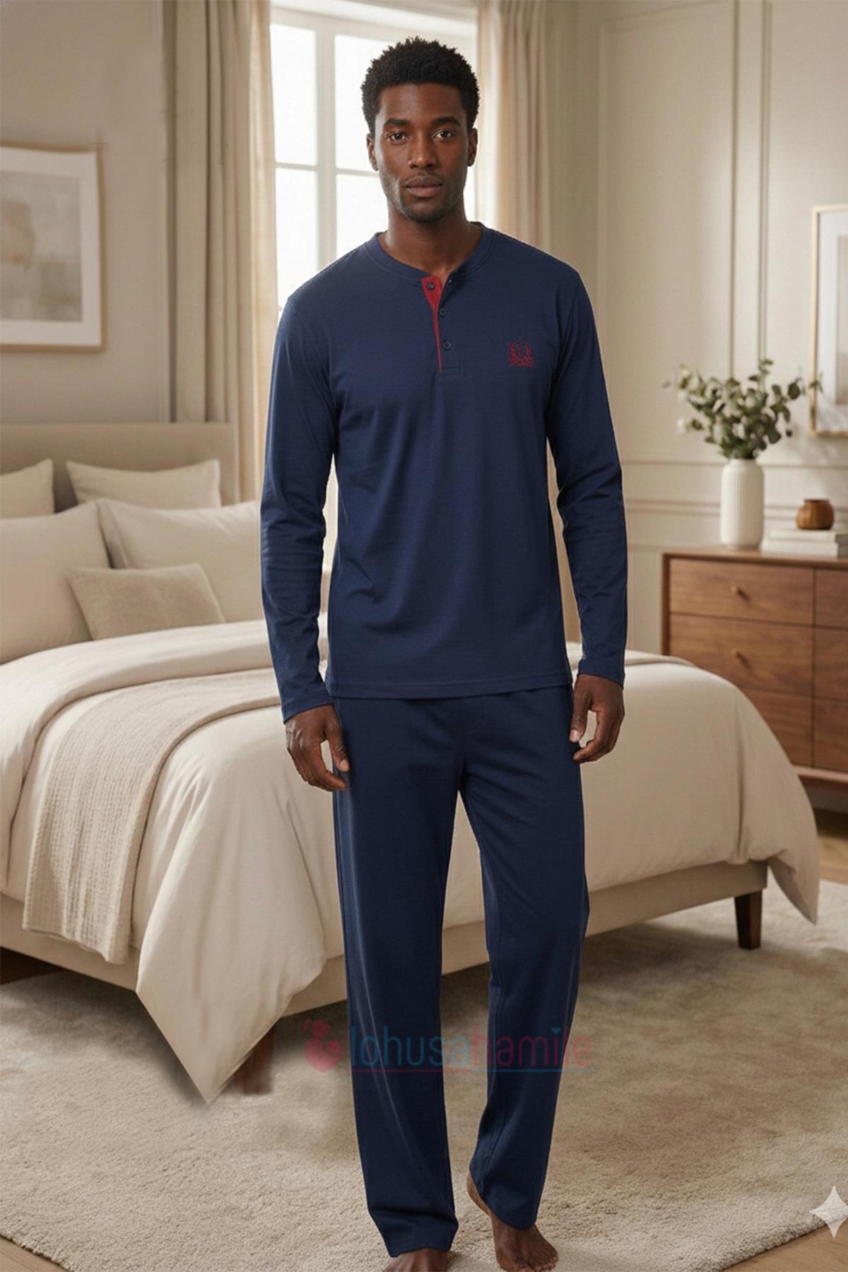 İndigo Mavi Büyük Beden Erkek Baba Pijama Takımı