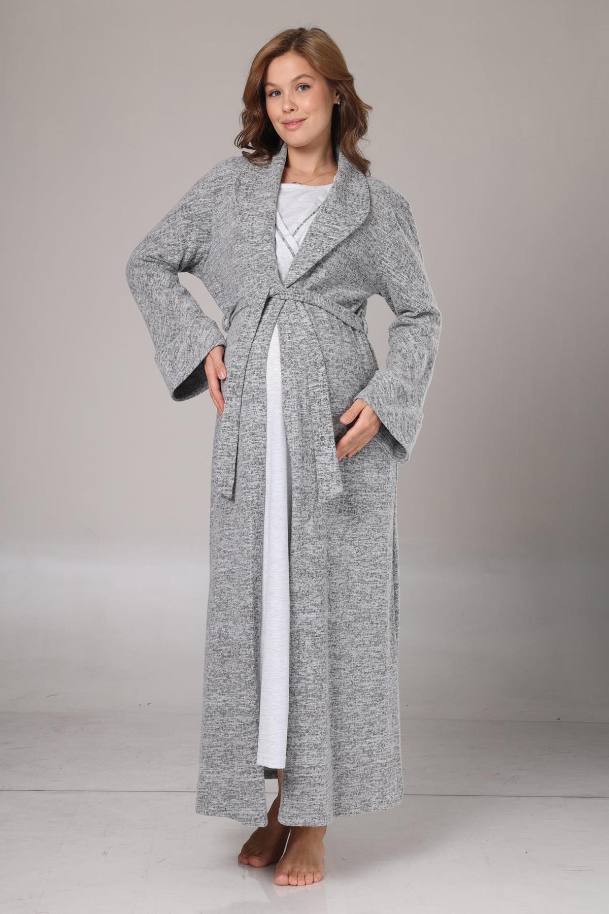 Rimel Life 1007 Kışlık Gri Polar Sabahlıklı Lohusa Gecelik Takımı