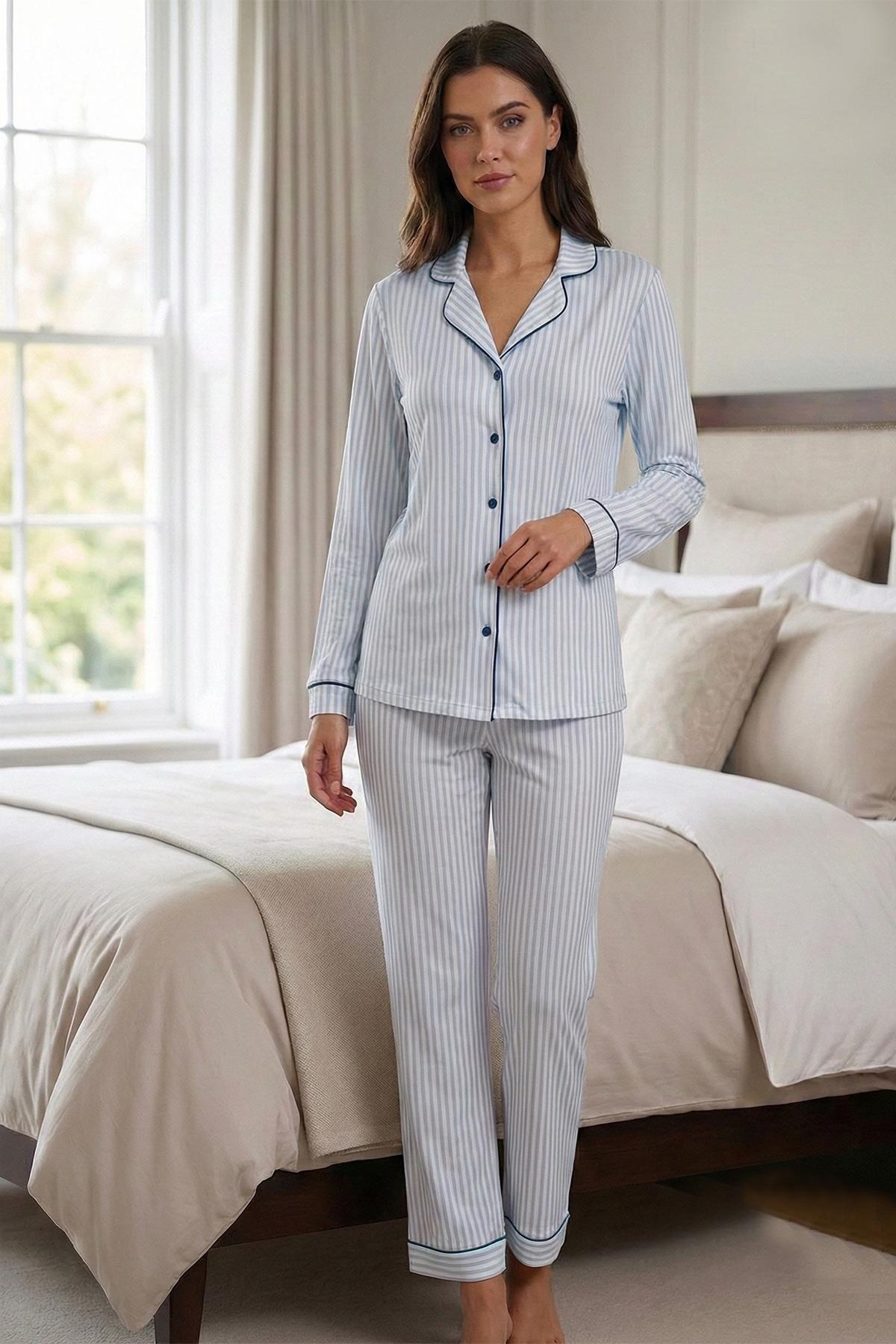 Effortt 2067 Mavi Çizgili Uzun kol Önden Düğmeli Lohusa Pijama Takımı