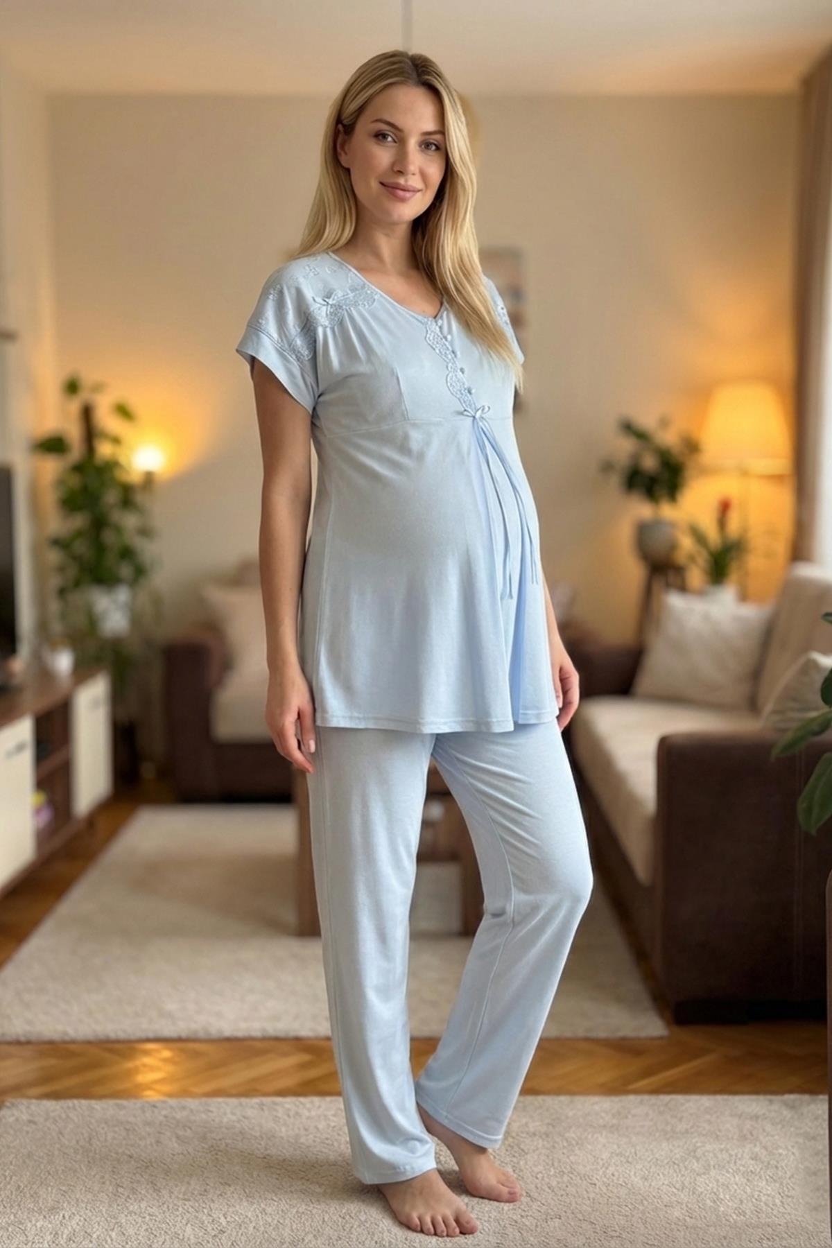 Bone 6222 Mavi Gizli Emzime Özellikli Reglan Kol Lohusa Pijama Takımı