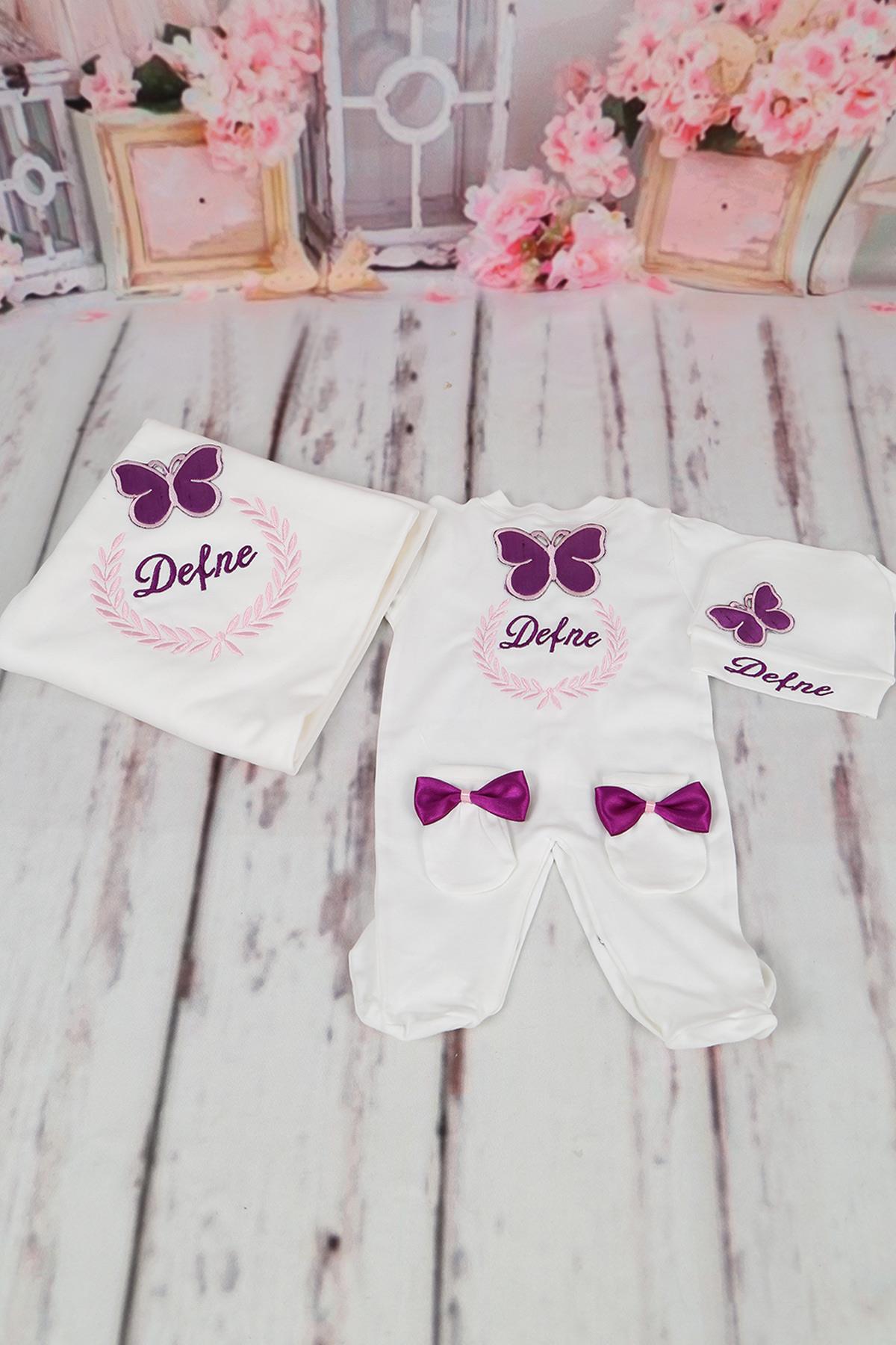 İsme Özel Mor Kelebek Nakışlı 4lü Hastane Çıkış Seti