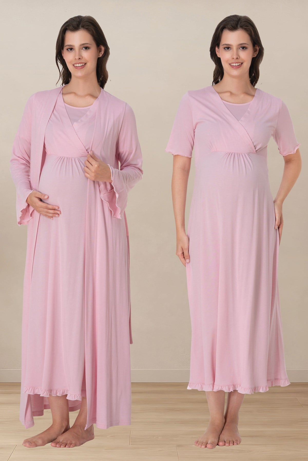 Effortt 3035 Pembe Kruvaze Emzirme Özellikli Sabahlıklı Hamile Gecelik Takımı