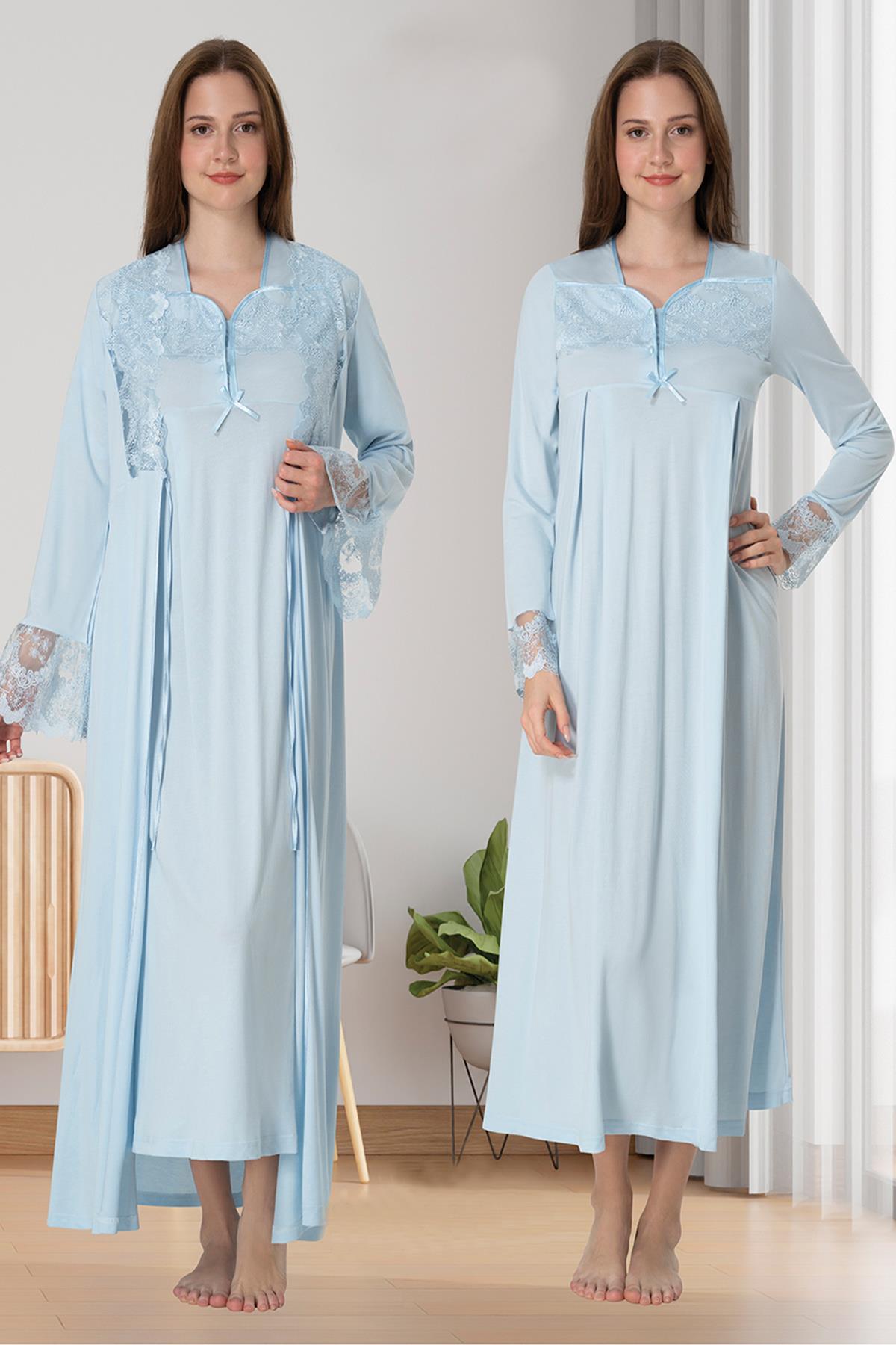 Effortt 4085 Mavi Dantelli Sabahlıklı Lohusa Gecelik Takımı