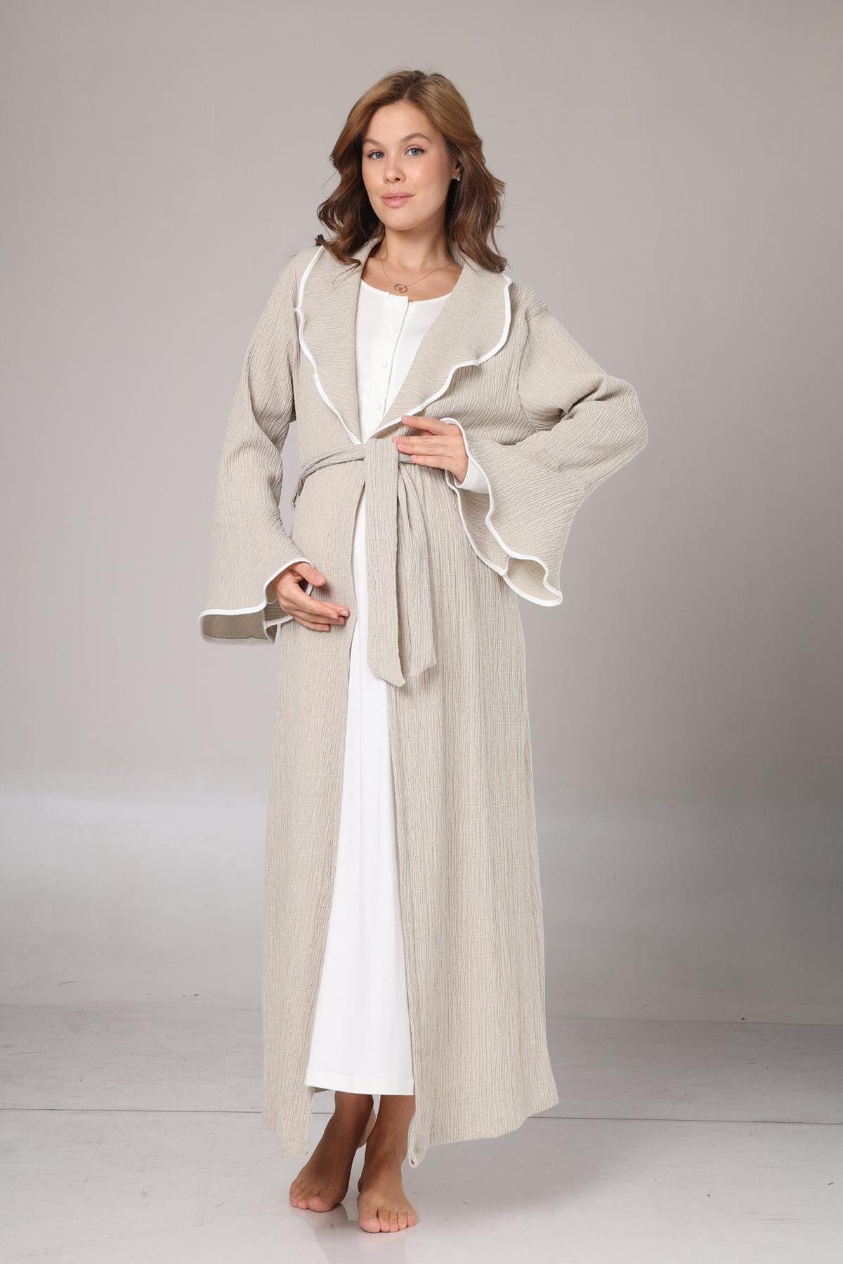 Rimel Life 1018 Kışlık Bej Krepon Dokulu Sabahlıklı Lohusa Gecelik Takımı