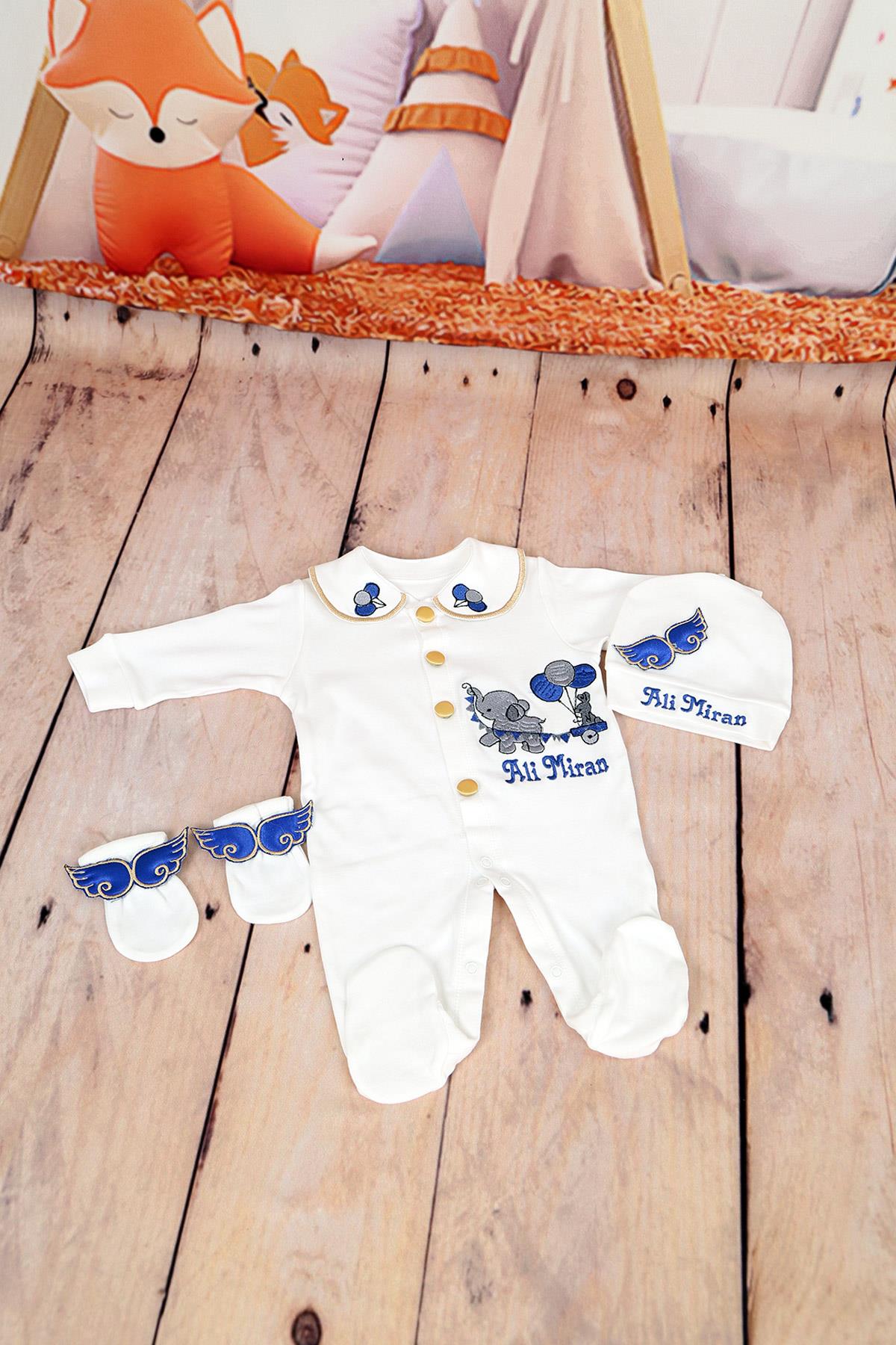 İsme Özel Fil Balon Figür Nakışlı 3lü Hastane Çıkış Set