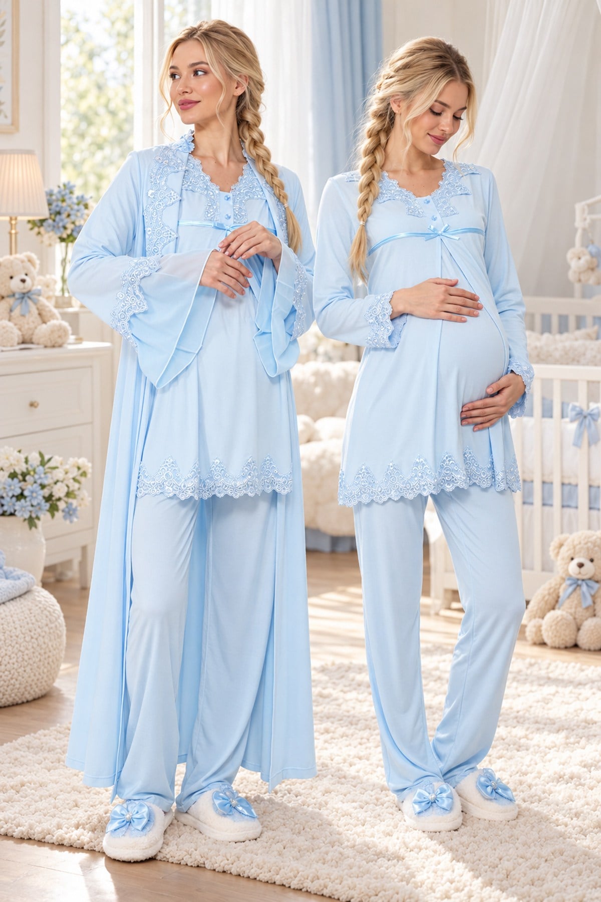 Dantel Detaylı %100 Pamuk Mavi Gizli Emzirme Özellikli Sabahlıklı Lohusa Pijama Takımı 070340