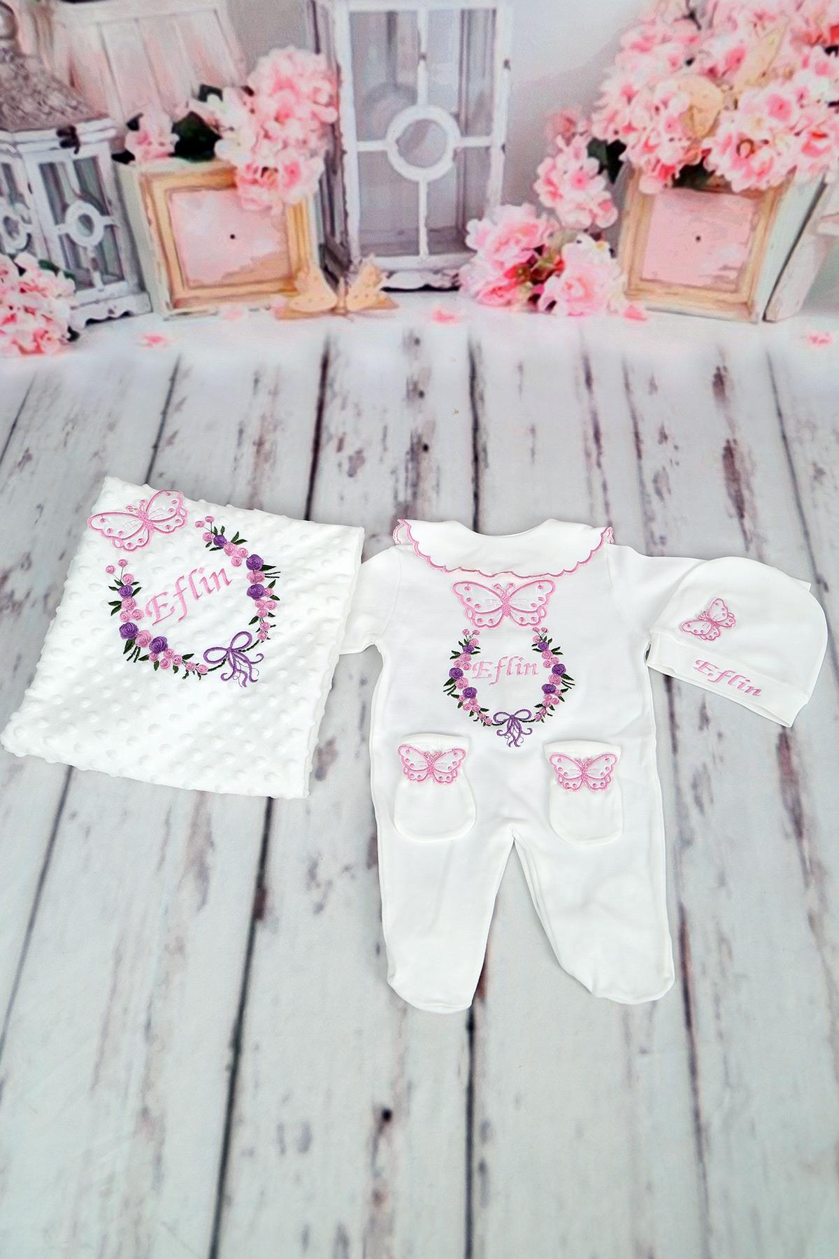 İsme Özel Pembe Kelebek Nakışlı 4lü Hastane Çıkış Set