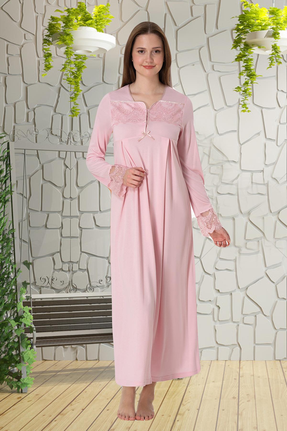 Effortt 4083 Pudra Dantelli Uzun Kol  Lohusa Gecelik