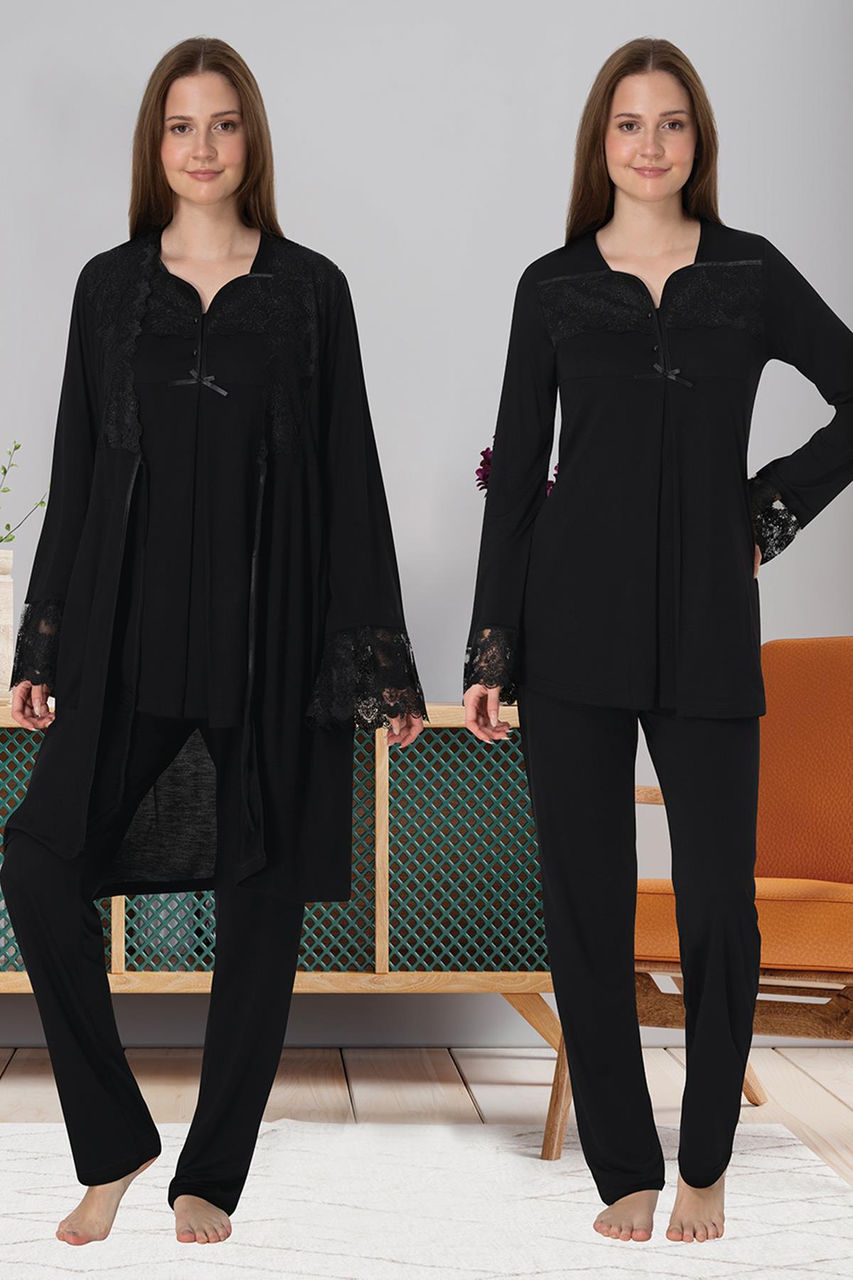 Effortt 4084 Siyah Dantelli Sabahlıklı Lohusa Pijama Takımı