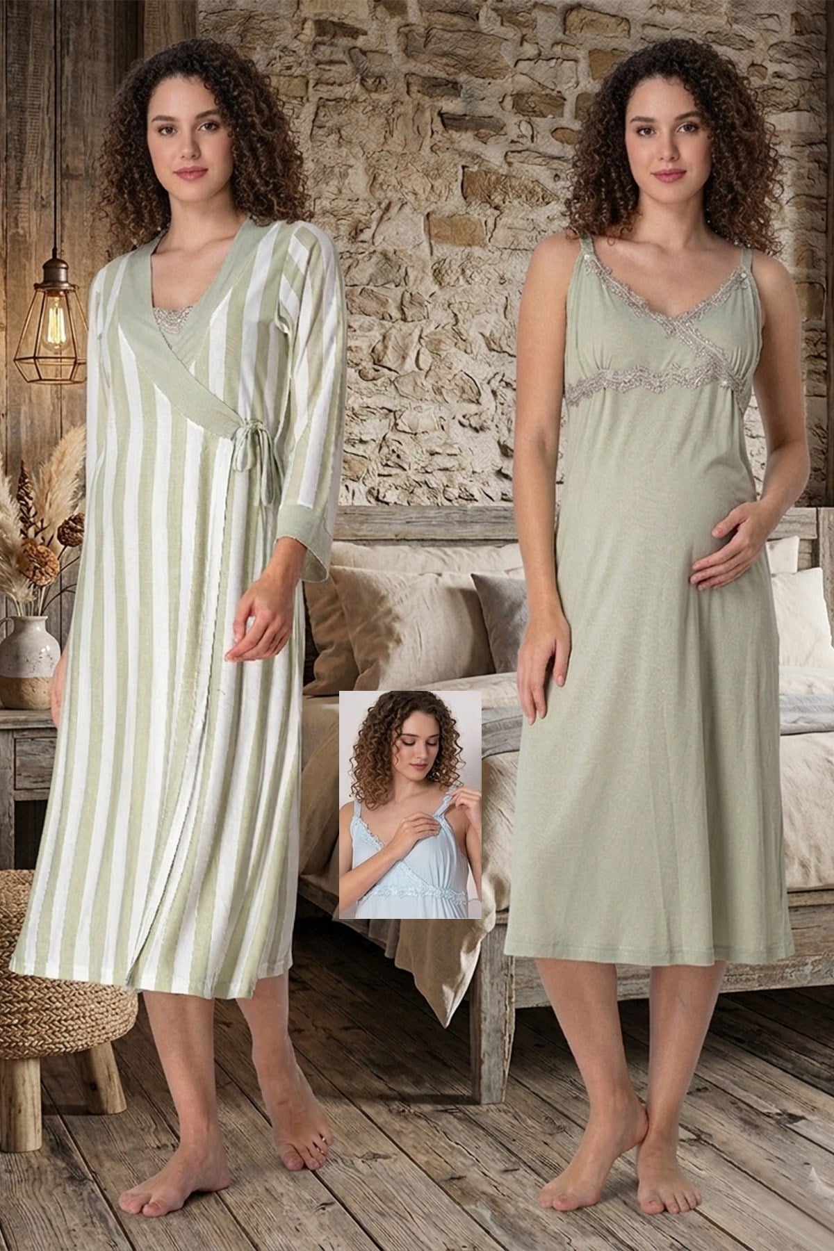 Yeşil Emzirme Özellikli Askılı Çizgi Sabahlıklı Lohusa Gecelik Takımı 19035