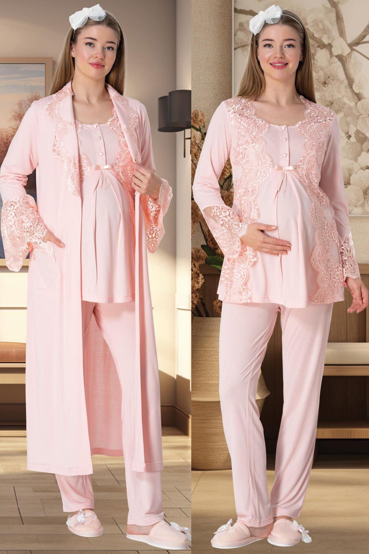 Mecit 5353 Pudra Dantel Sabahlıklı Lohusa Pijama