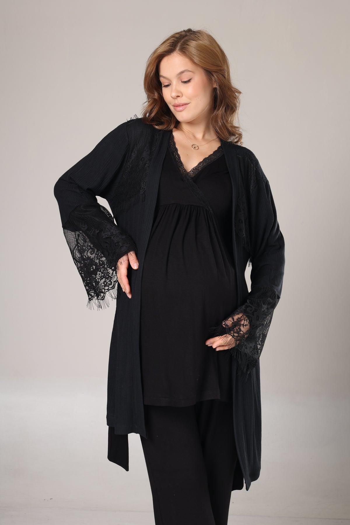 Rimel Life 1022 Siyah Fitilli Dantel Detaylı Sabahlıklı Lohusa Pijama Takımı