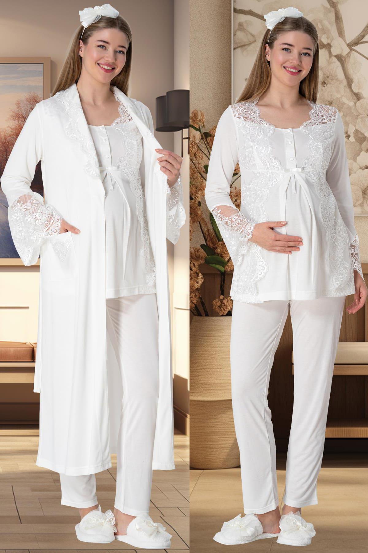 Mecit 5353 Ekru Dantel Sabahlıklı Lohusa Pijama