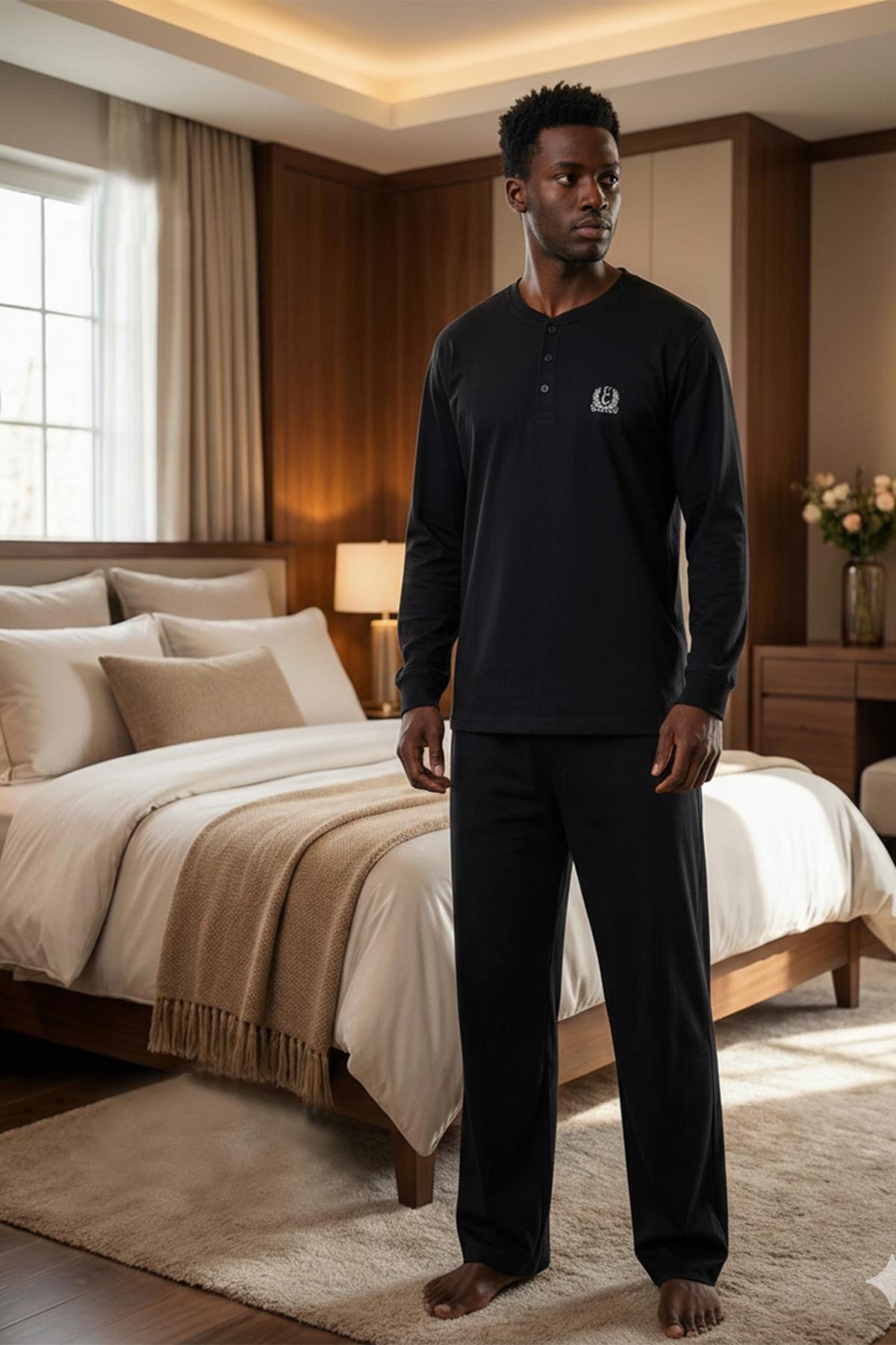 Siyah Büyük Beden Erkek Baba Pijama Takımı