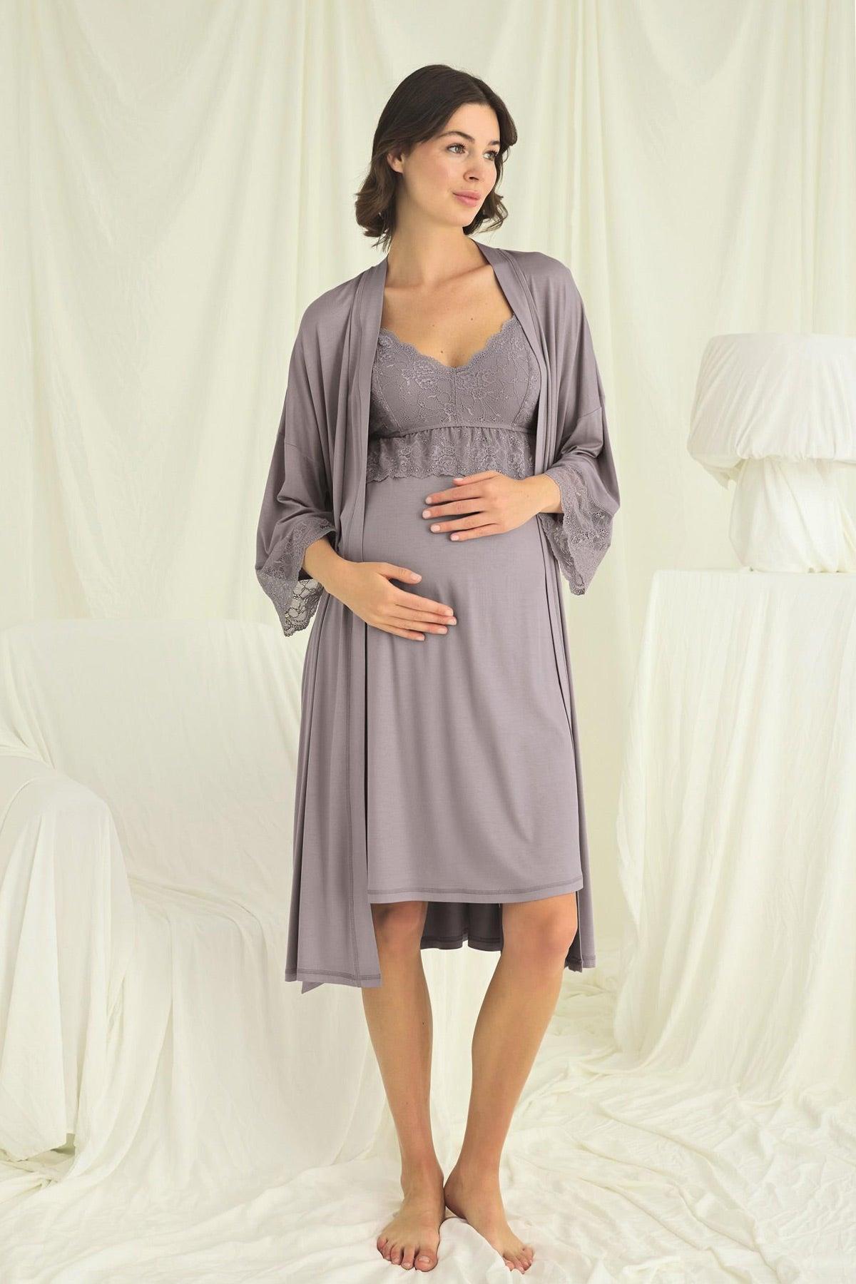 Monamise 18672 Askılı Dantelli Yaka Lohusa Gecelik ve Sabahlık Takımı