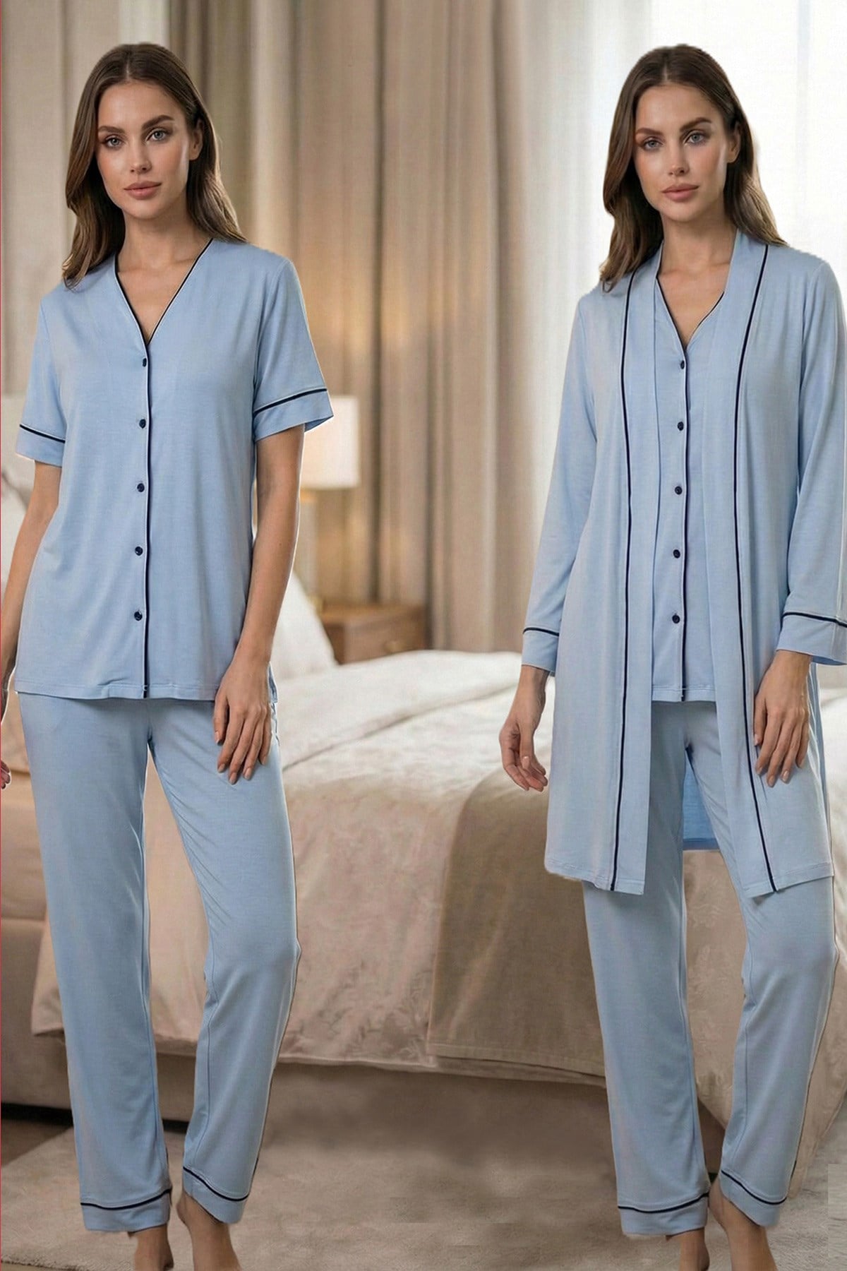 Effortt 3074 Mavi Biye Detaylı Sabahlıklı Lohusa Pijama Takımı