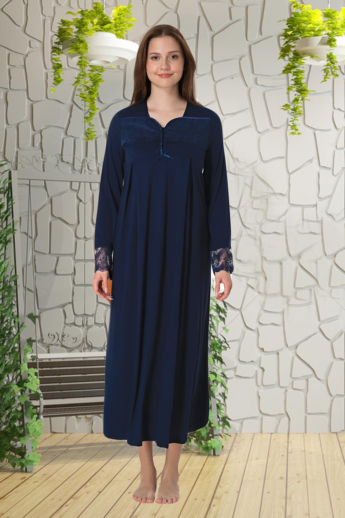 Effortt 4083 Lacivert Dantelli Uzun Kol  Lohusa Gecelik