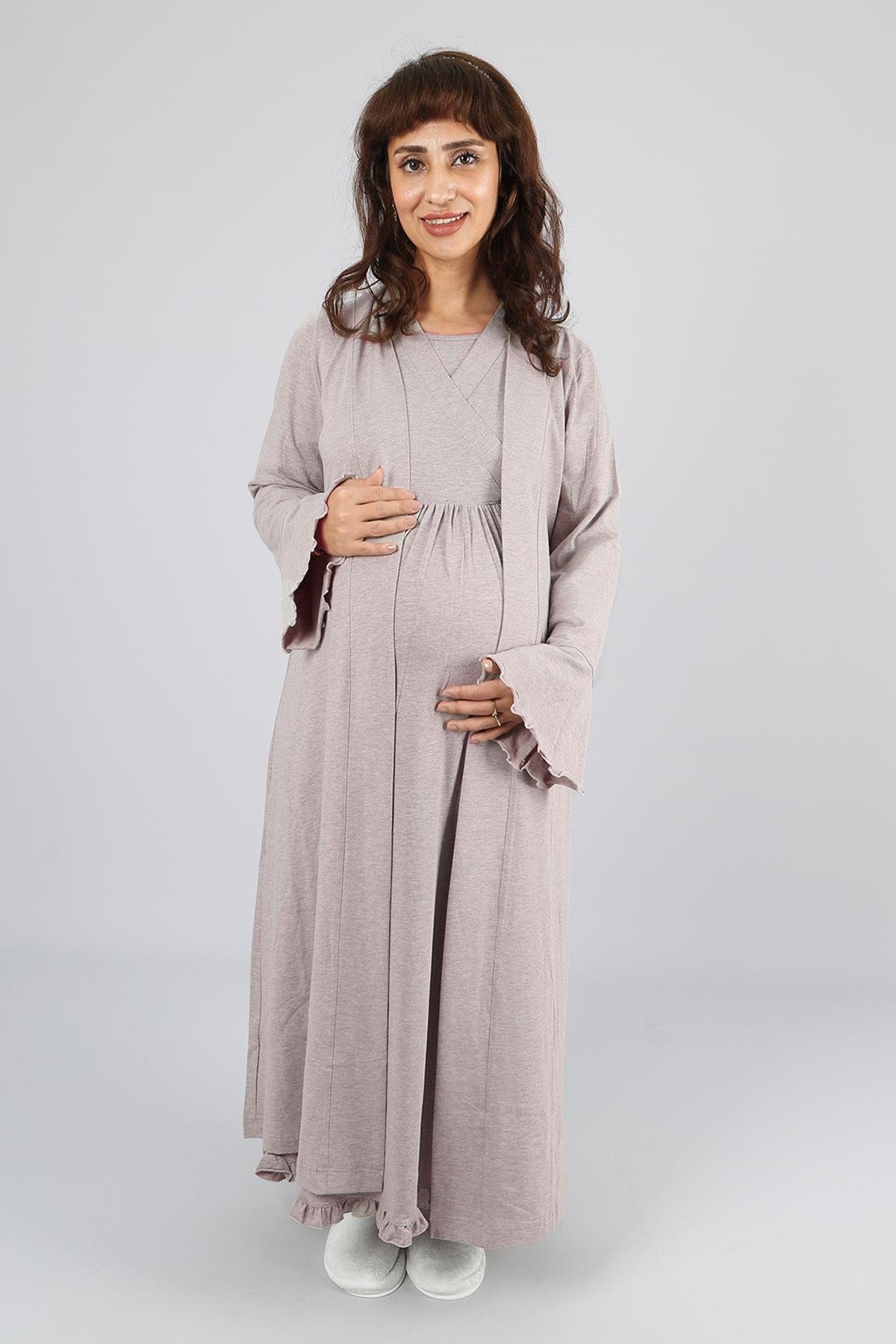 Kolay Emzirme Özellikli Bej Sabahlıklı Lohusa Gecelik Takımı 40450