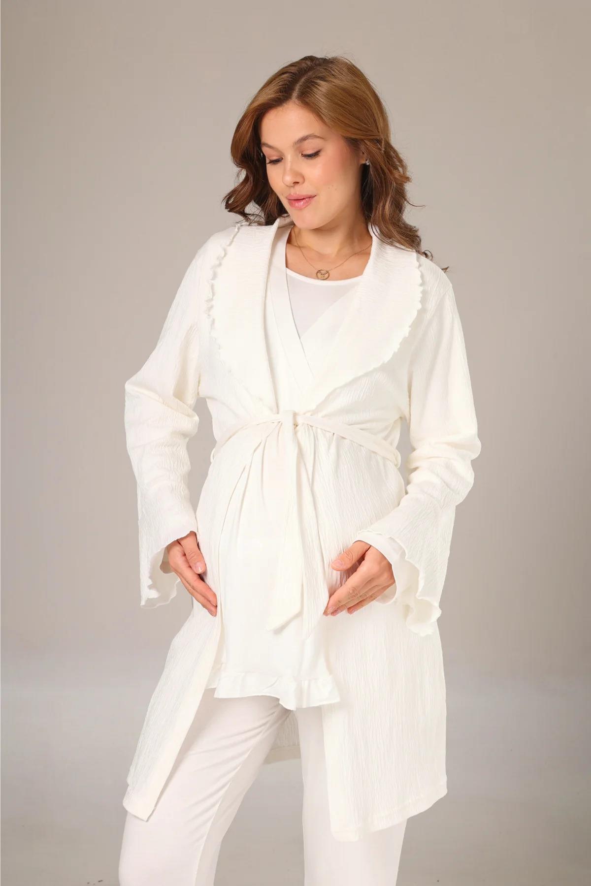 Rimel Life 1030 Jakar Sabahlıklı Uzun Kol Ekru Lohusa Pijama Takımı