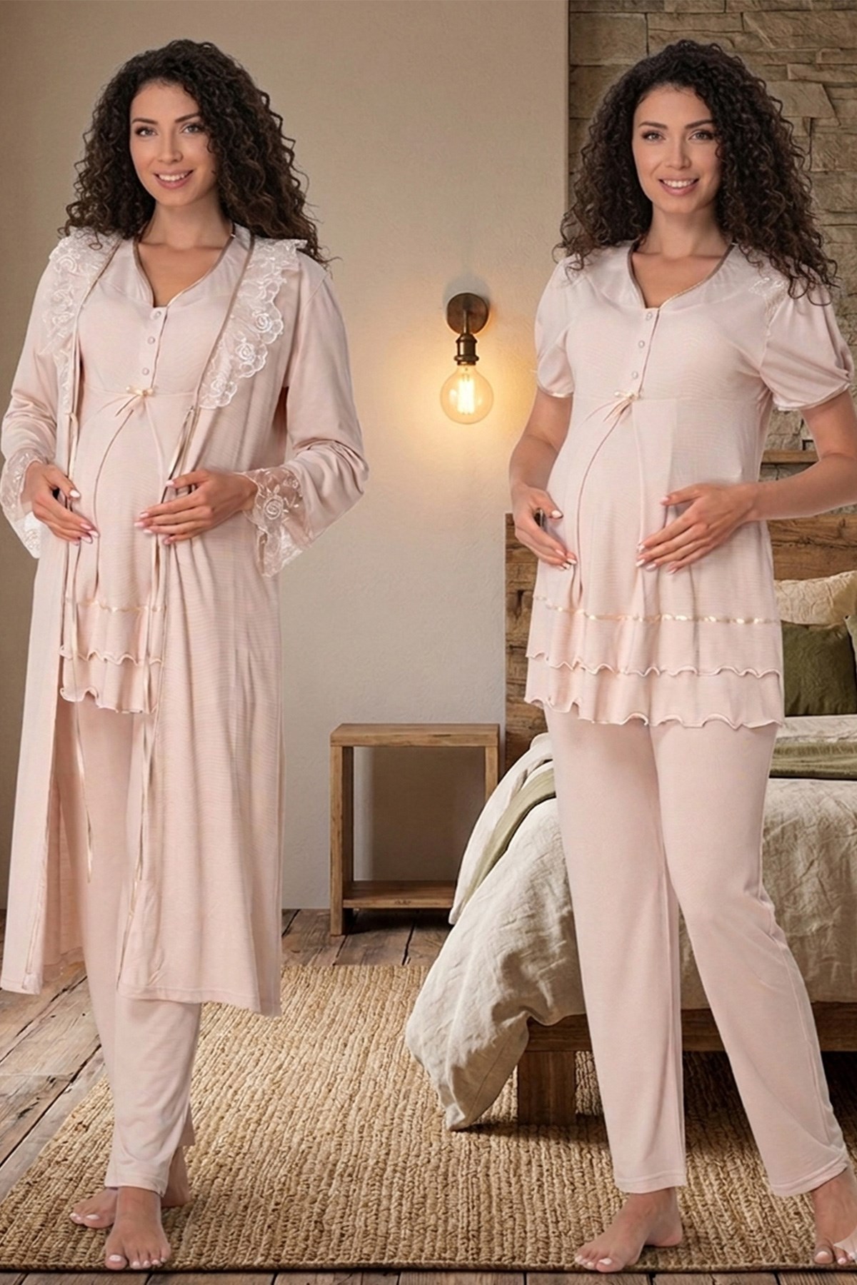 Vizon Dantel Sabahlıklı Lohusa Pijama Takımı 18024