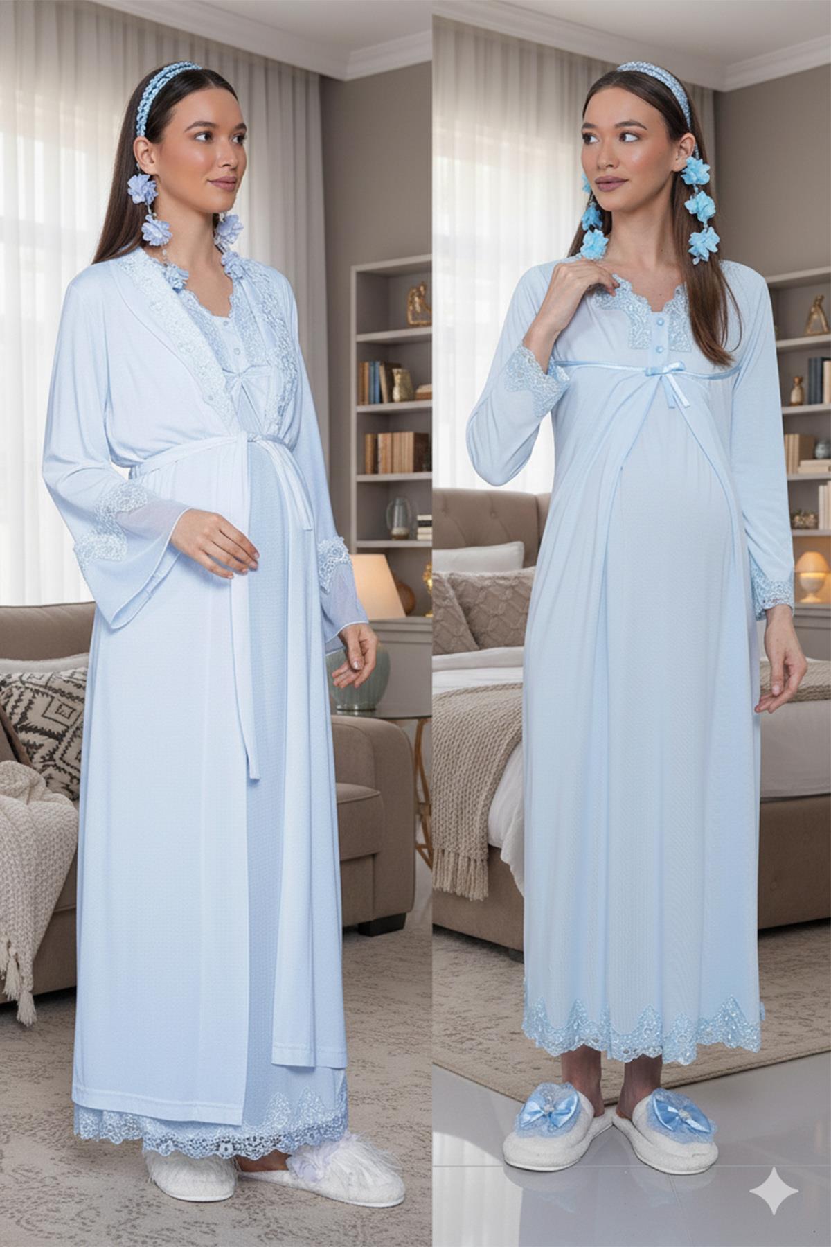 Gizli Emzirme Özellikli Mavi Sabahlıklı Lohusa Gecelik Takımı 17035