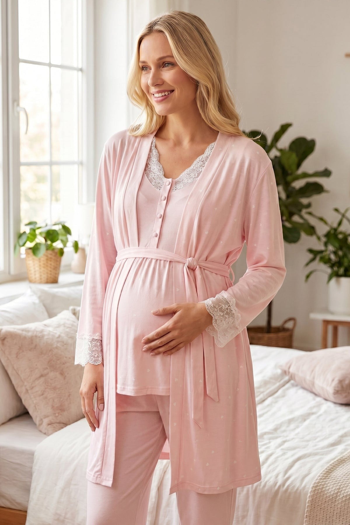 Rimel Life 2059 Pembe Kalp Sabahlıklı Dantelli Lohusa Pijama Takımı