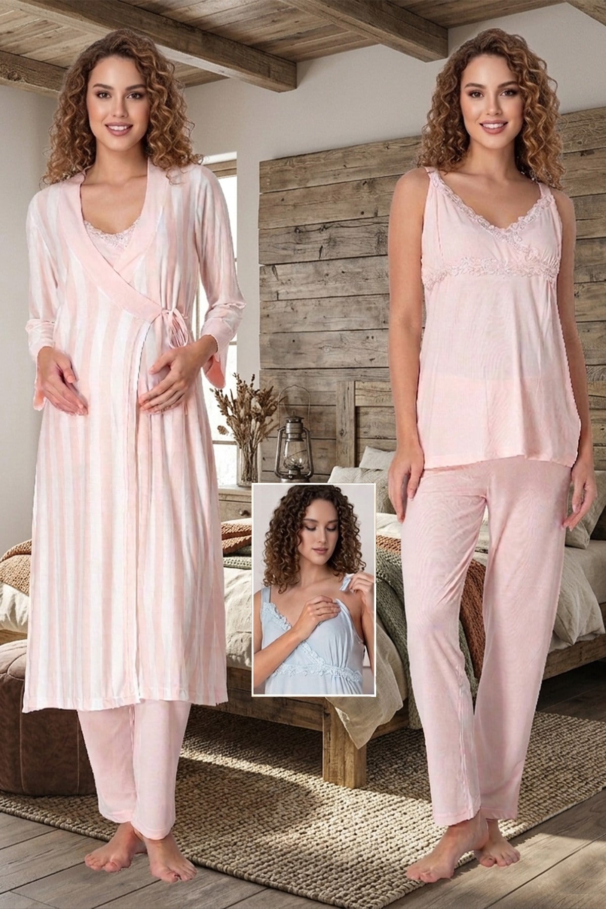 Somon Emzirme Özellikli Askılı Çizgi Sabahlıklı Lohusa Pijama Takımı 19034