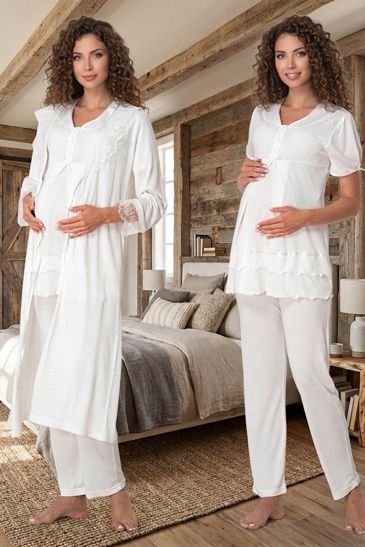 Ekru Dantel Sabahlıklı Lohusa Pijama Takımı 18024