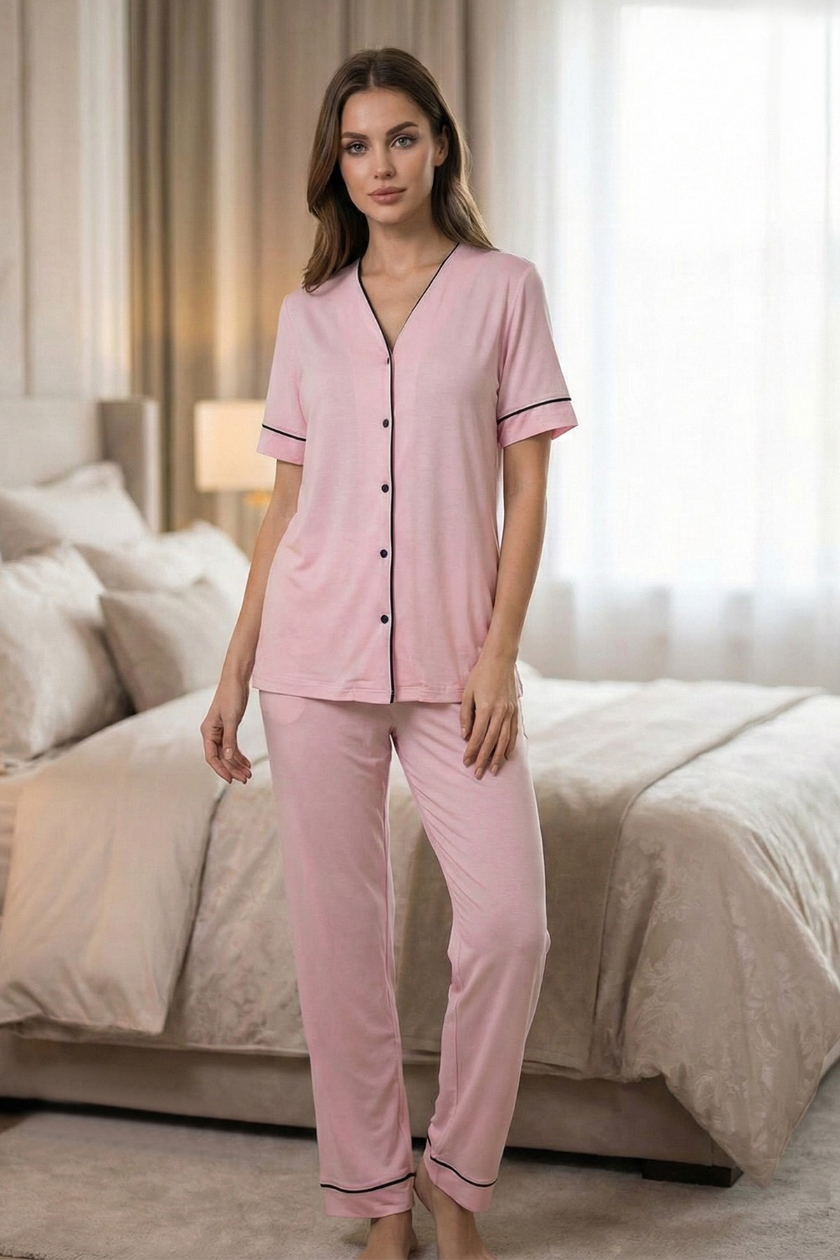 Effortt 3072 Pembe Biye Detaylı Düğmeli Lohusa Pijama Takımı