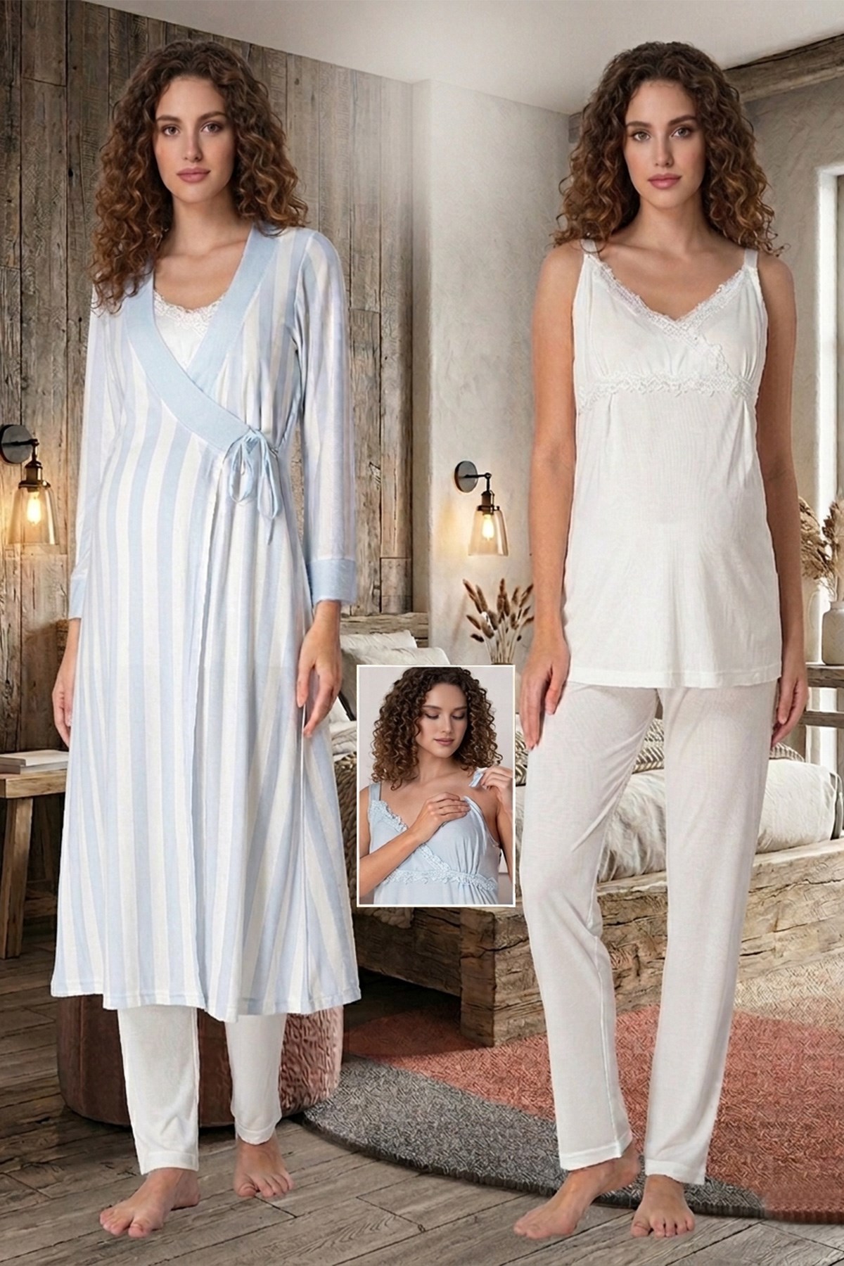 Mavi-Ekru Emzirme Özellikli Askılı Çizgi Sabahlıklı Lohusa Pijama Takımı 19034