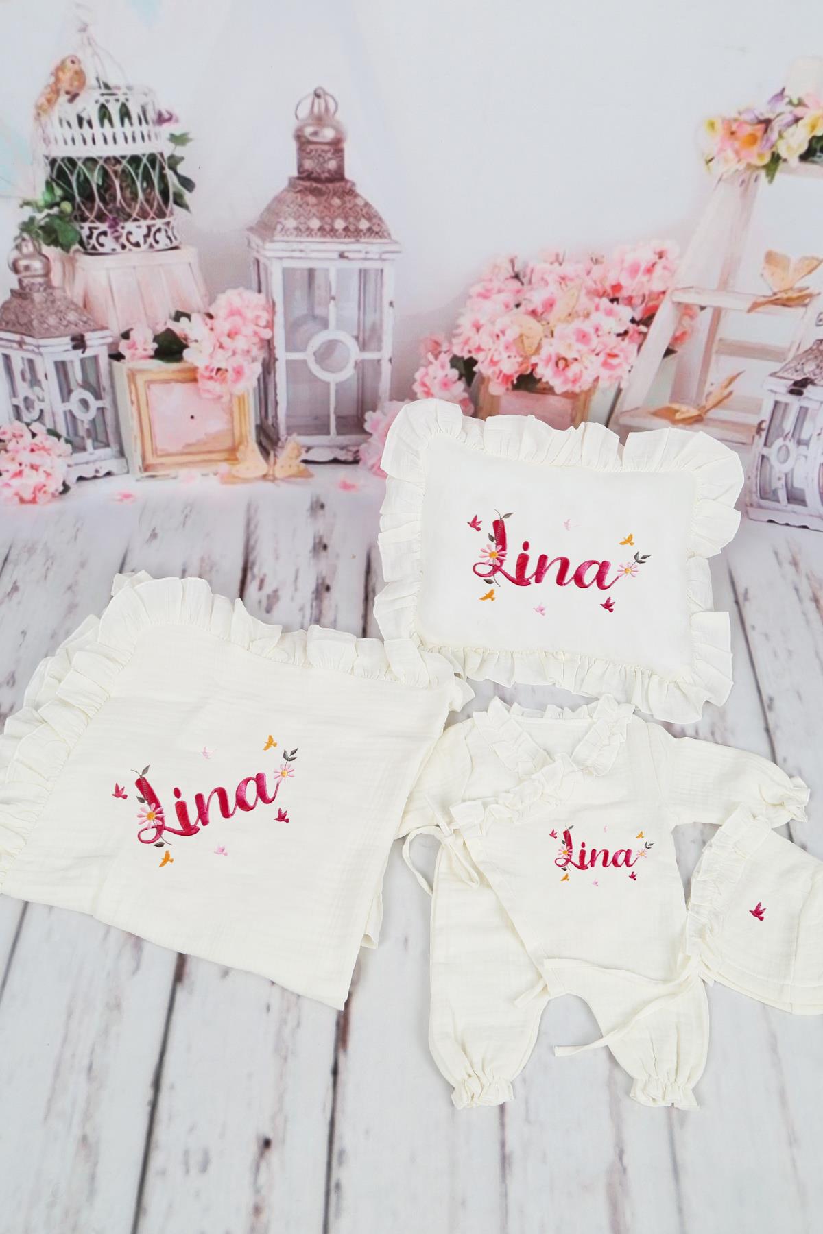 İsme Özel Müslin Kumaş Kuş Nakışlı Yastıklı Hastane Çıkış Seti