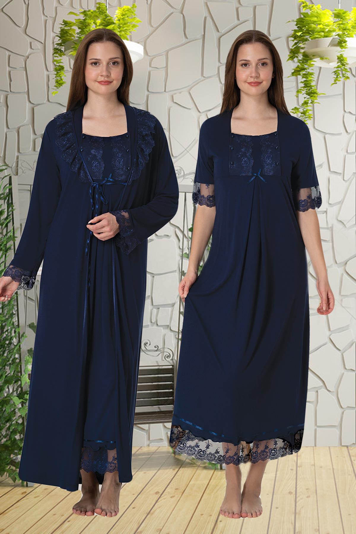 Effortt 6035 Lacivert Dantelli Lohusa Gecelik ve Sabahlık Takımı