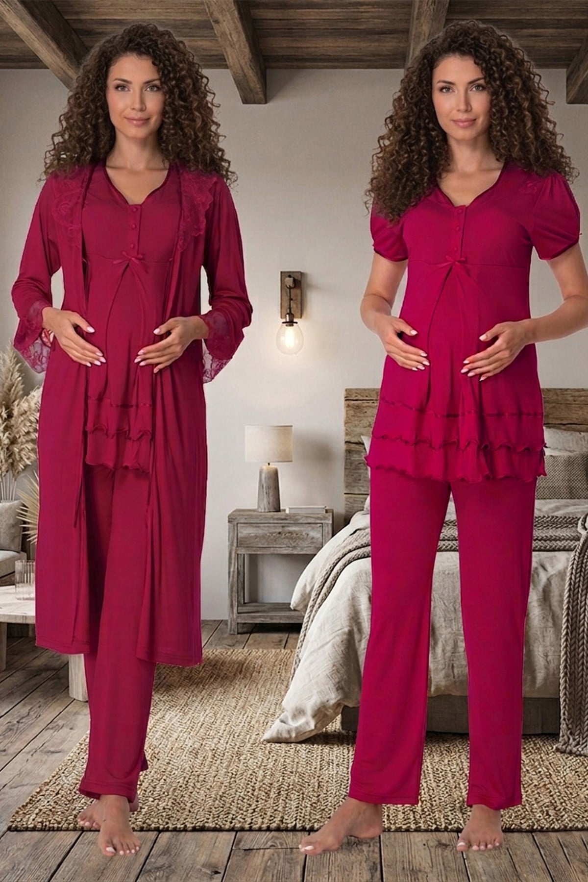 Vişne Dantel Sabahlıklı Lohusa Pijama Takımı 18024