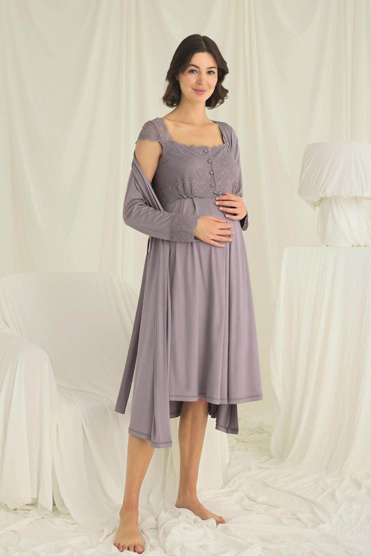 Monamise 18670 Dantel Detaylı Lohusa Gecelik ve Sabahlık Takımı