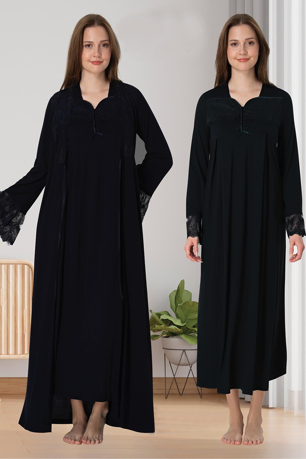 Effortt 4085 Siyah Dantelli Sabahlıklı Lohusa Gecelik Takımı