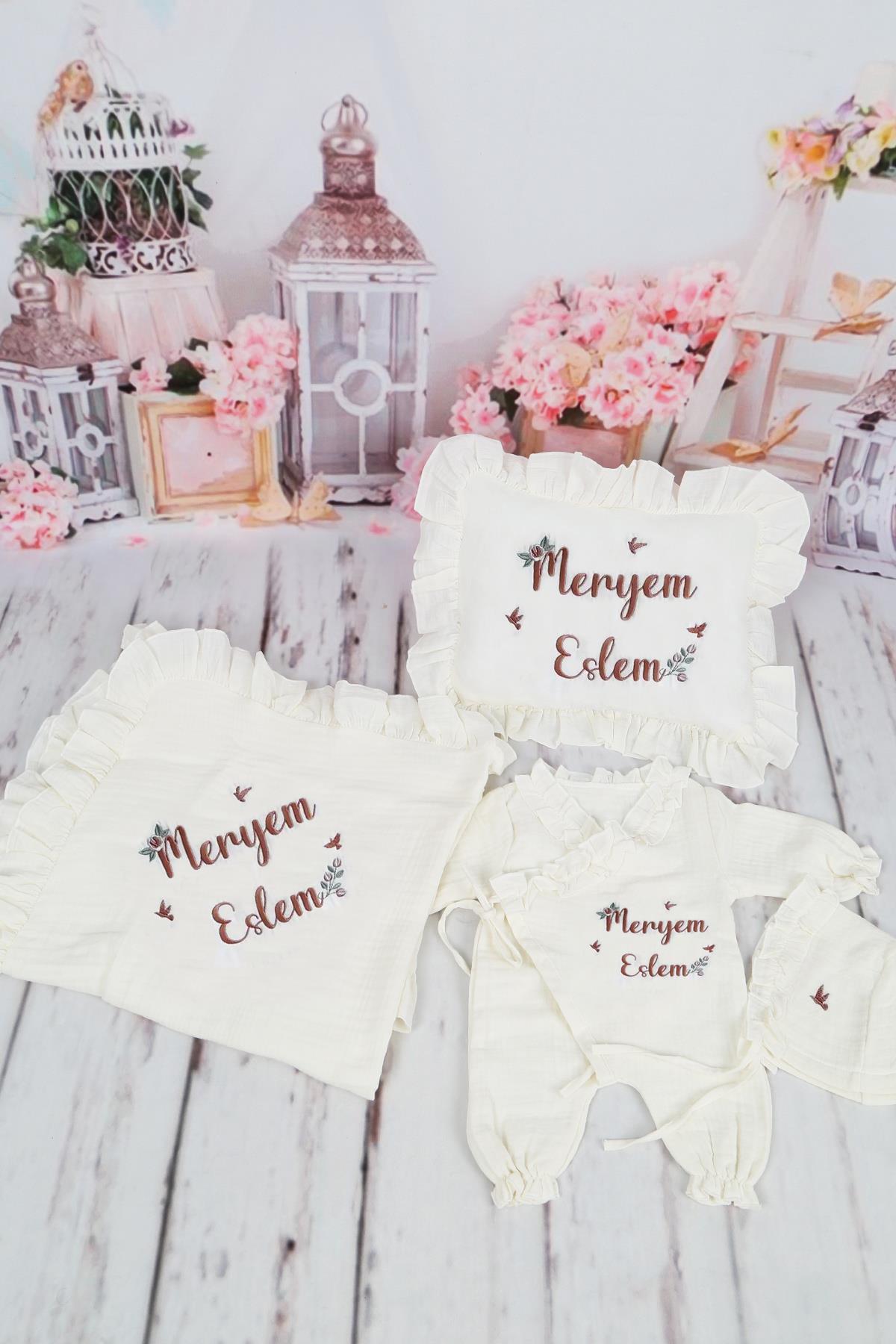 İsme Özel Müslin Kumaş Kuş Çiçek Nakışlı Yastıklı Hastane Çıkış Seti