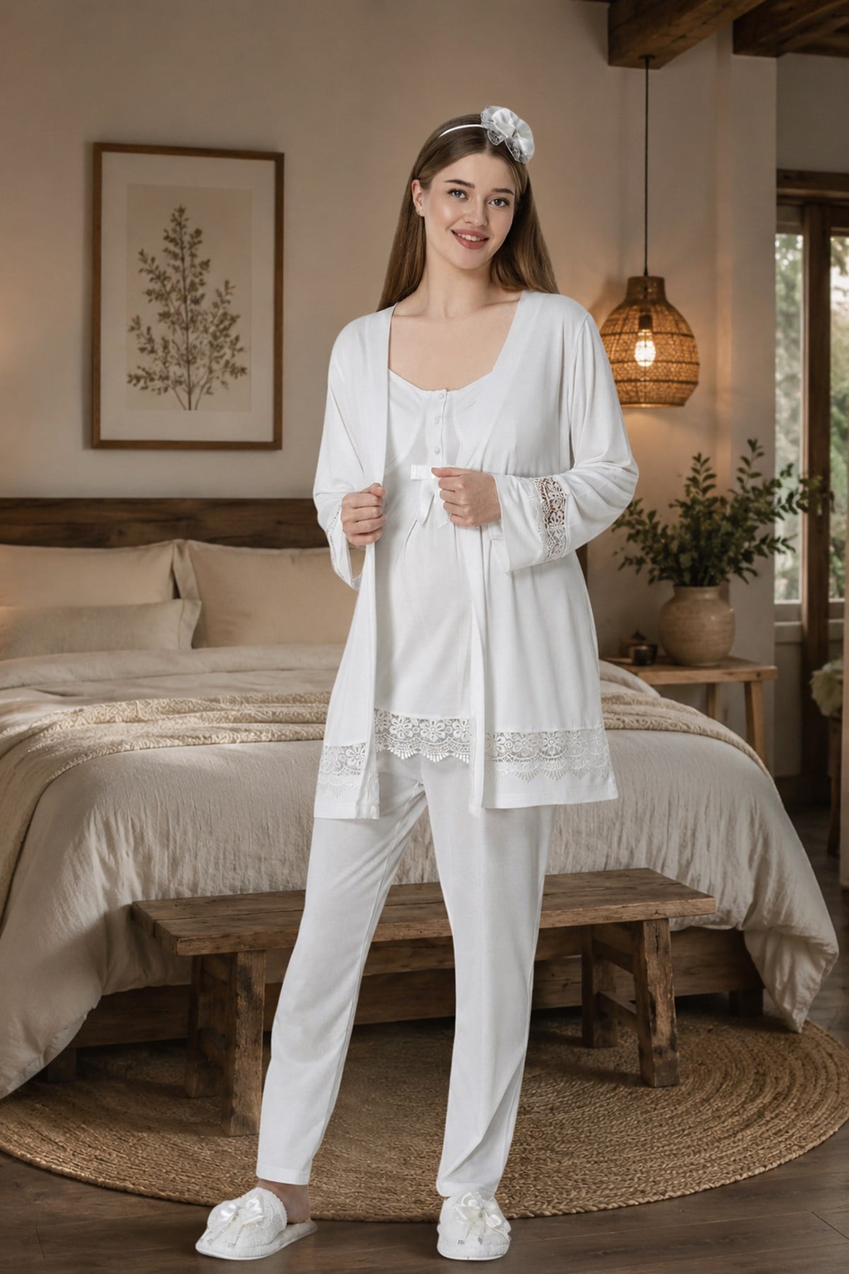 Mecit 6405 Ekru Dantel Geçişli Sabahlıklı Lohusa Pijama Takımı