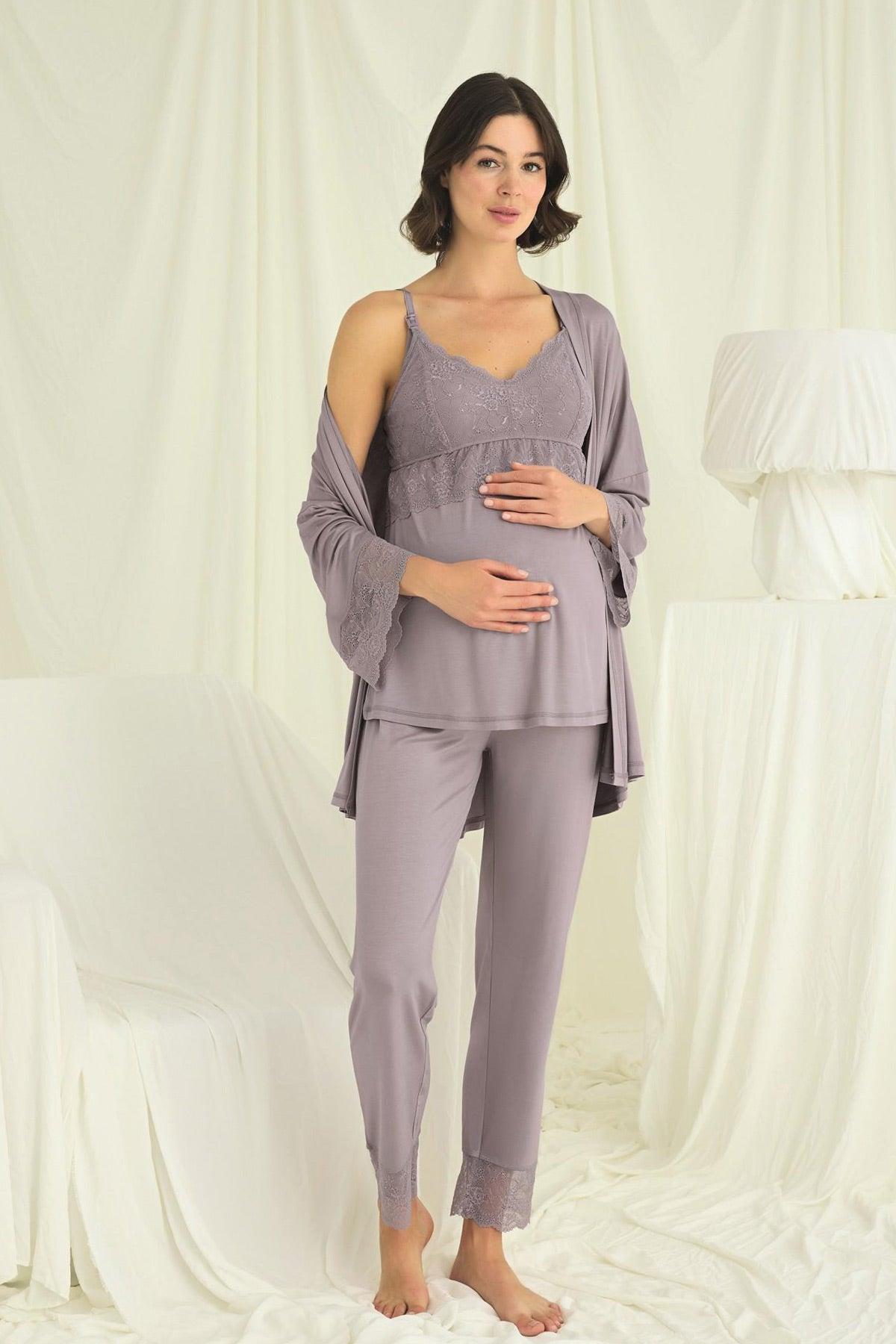 Monamise 18671 Askılı Dantelli Yaka Lohusa Pijama ve Sabahlık Takımı