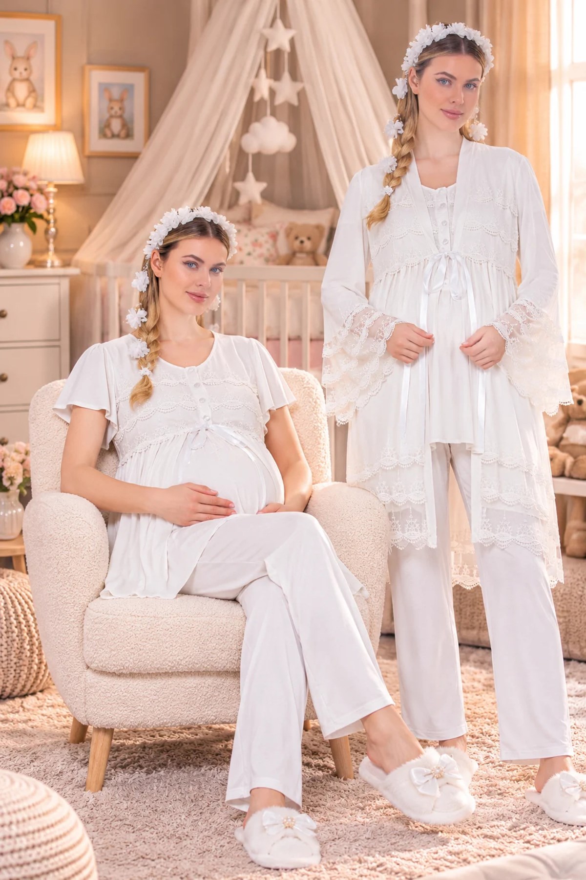 Dantel Detaylı Pamuklu Ekru Sabahlıklı Lohusa Pijama Takımı 33010