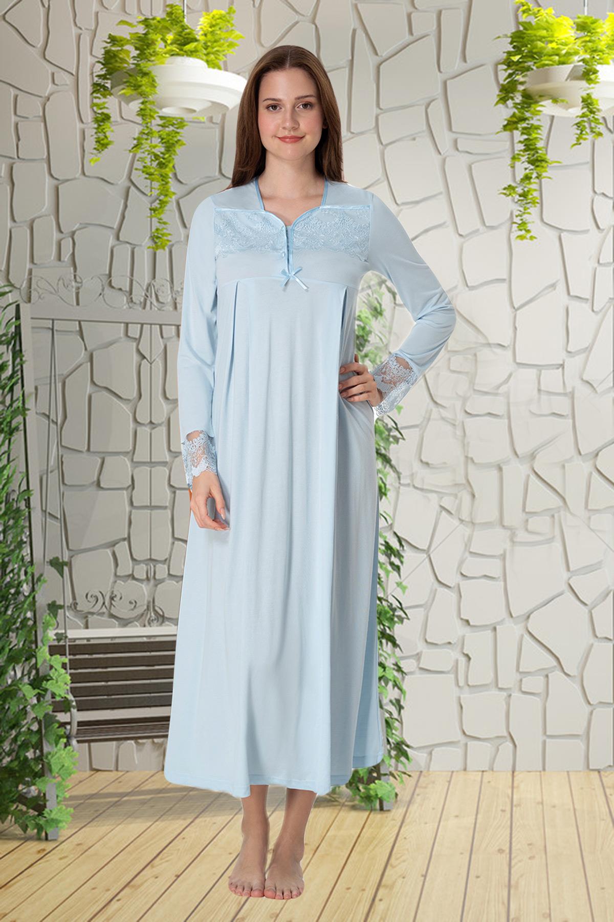 Effortt 4083 Mavi Dantelli Uzun Kol  Lohusa Gecelik